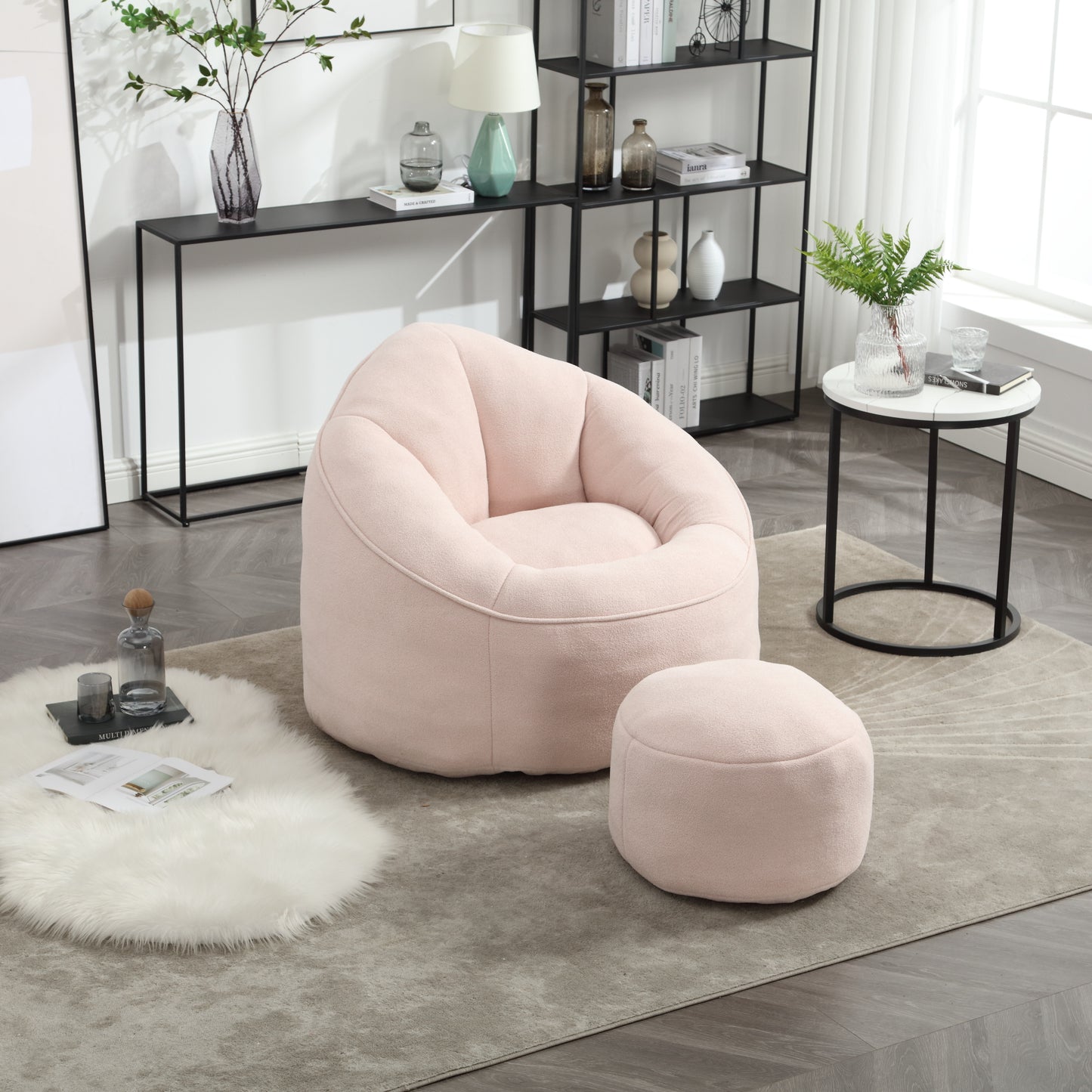 Plush pink bean bag chair with ottoman for cozy living room seating