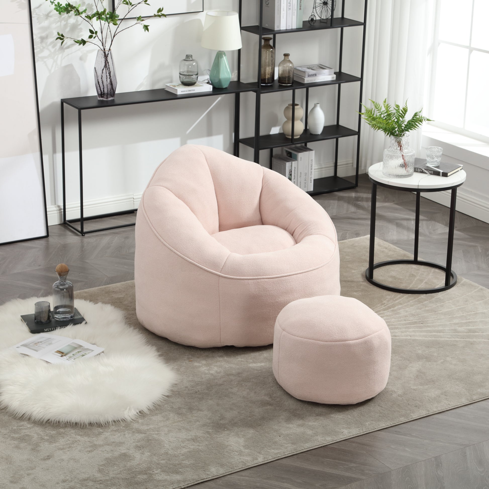 Plush pink bean bag chair with ottoman for cozy living room seating