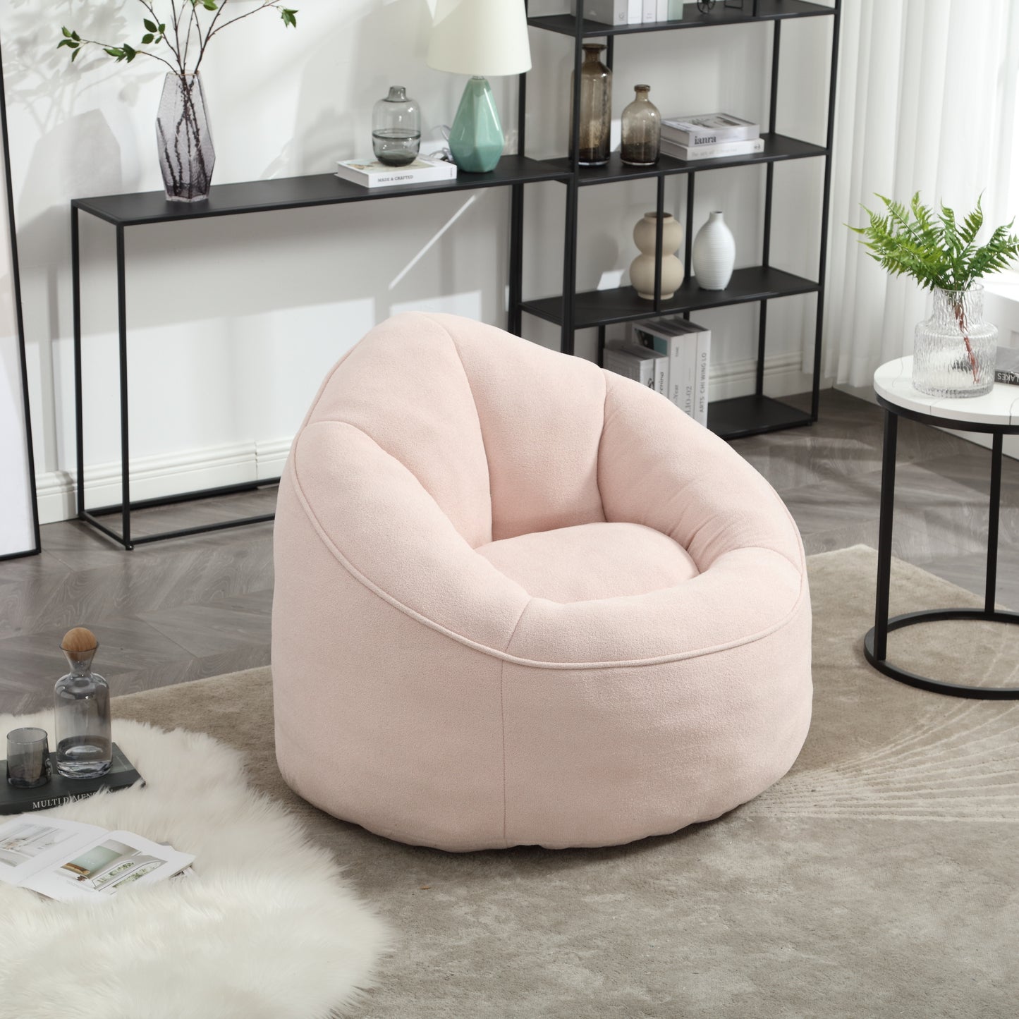 Soft pink textured fabric bean bag chair perfect for casual seating and relaxation