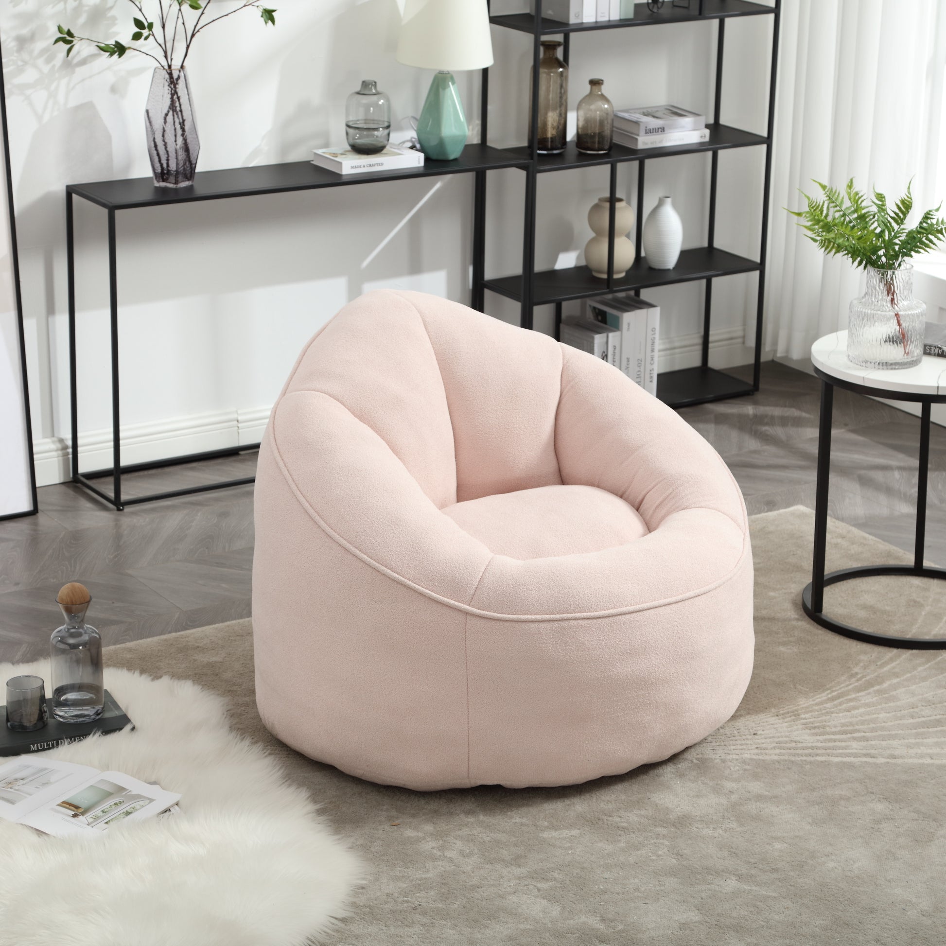 Soft pink textured fabric bean bag chair perfect for casual seating and relaxation