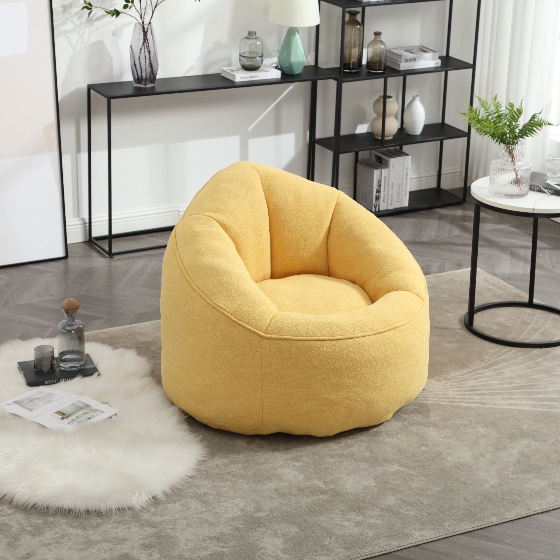 Plush yellow bean bag chair with comfortable textured fabric for a cozy living room