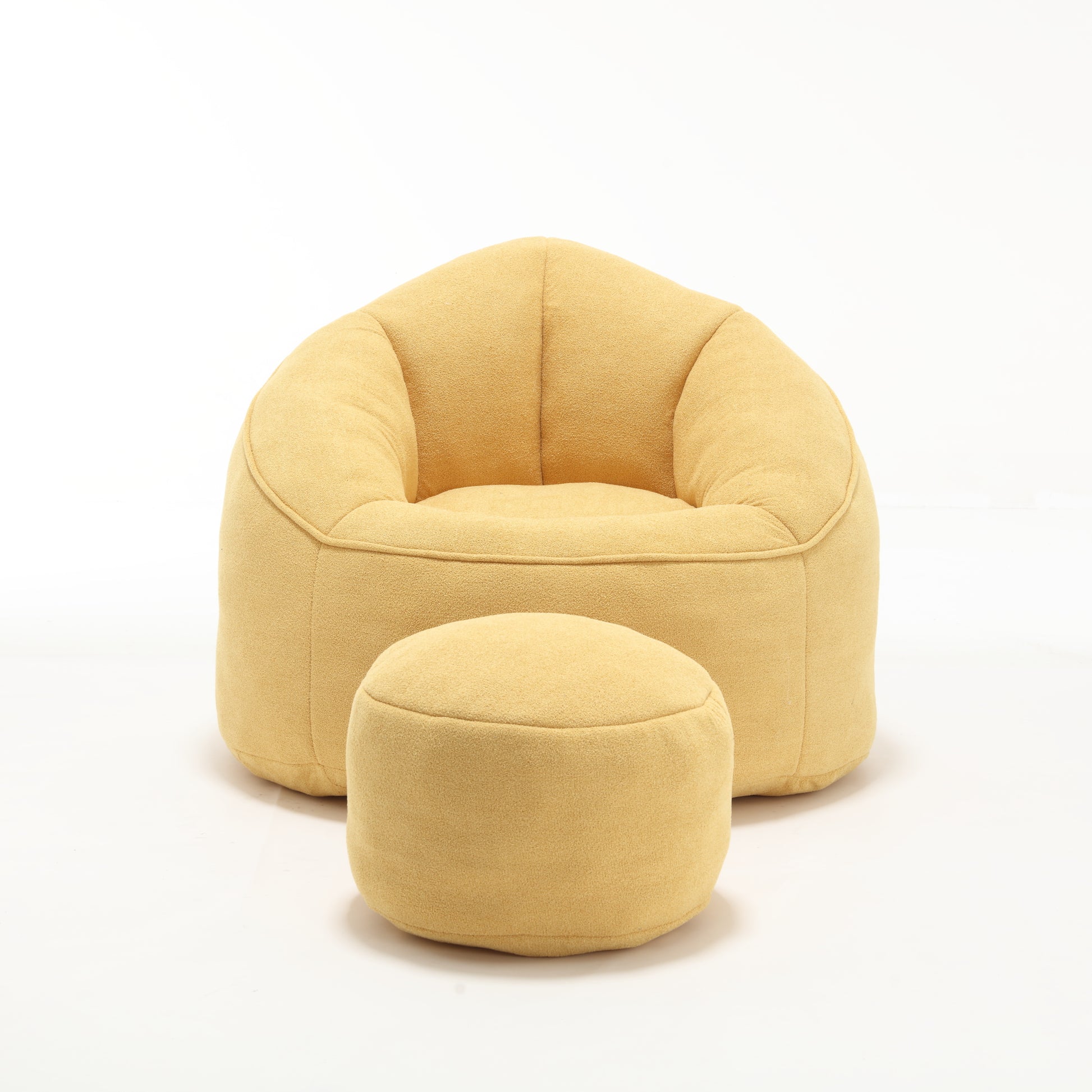 Comfortable yellow bean bag chair with matching ottoman for relaxed seating