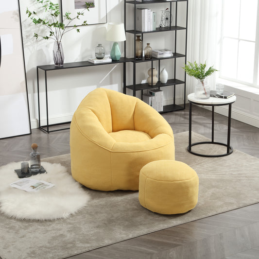 Cozy yellow bean bag chair with matching ottoman perfect for casual seating