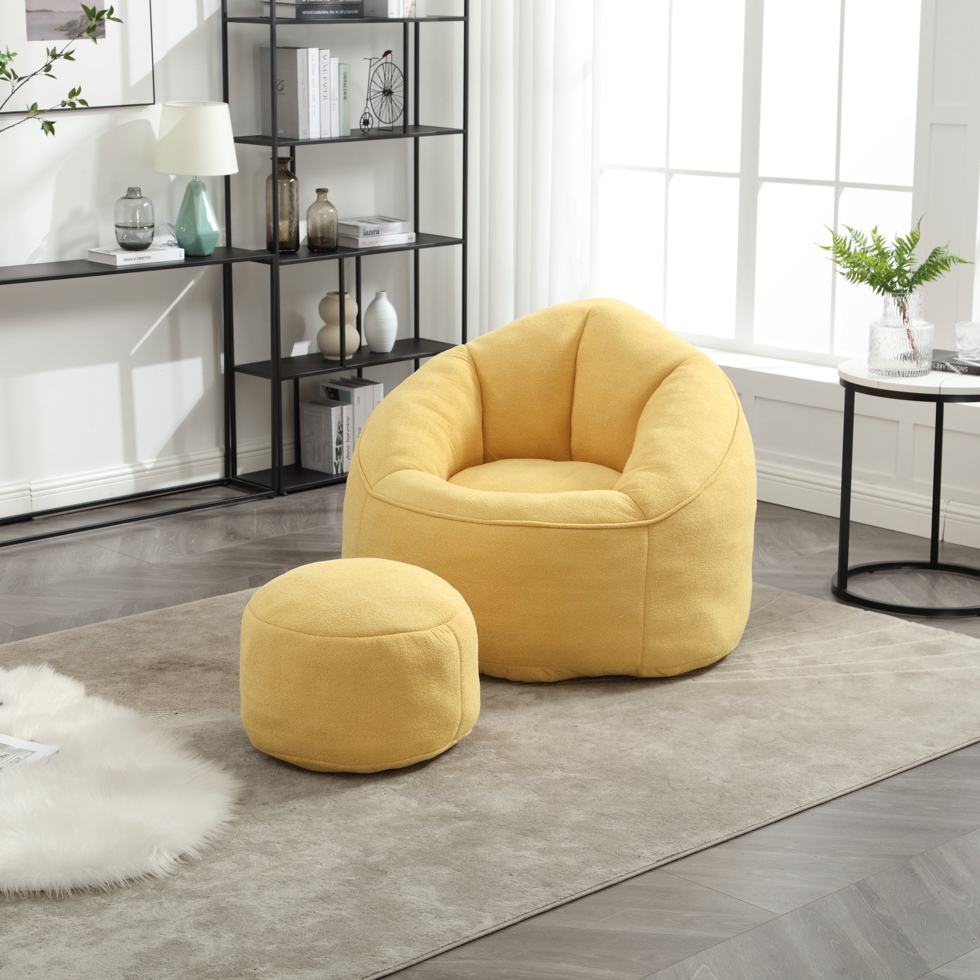 Comfy yellow bean bag chair with matching ottoman for ultimate relaxation