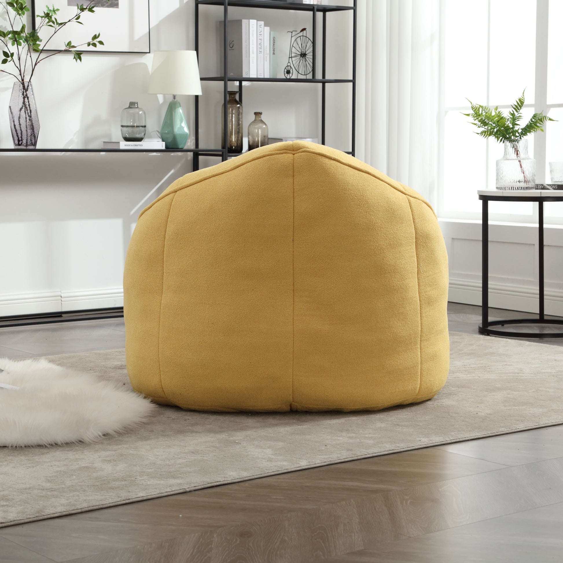 Round mustard yellow textured fabric bean bag chair perfect for casual seating