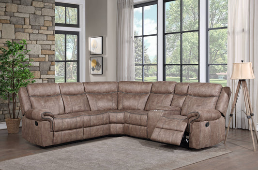 Brown leather sectional sofa with reclining seats and cup holders
