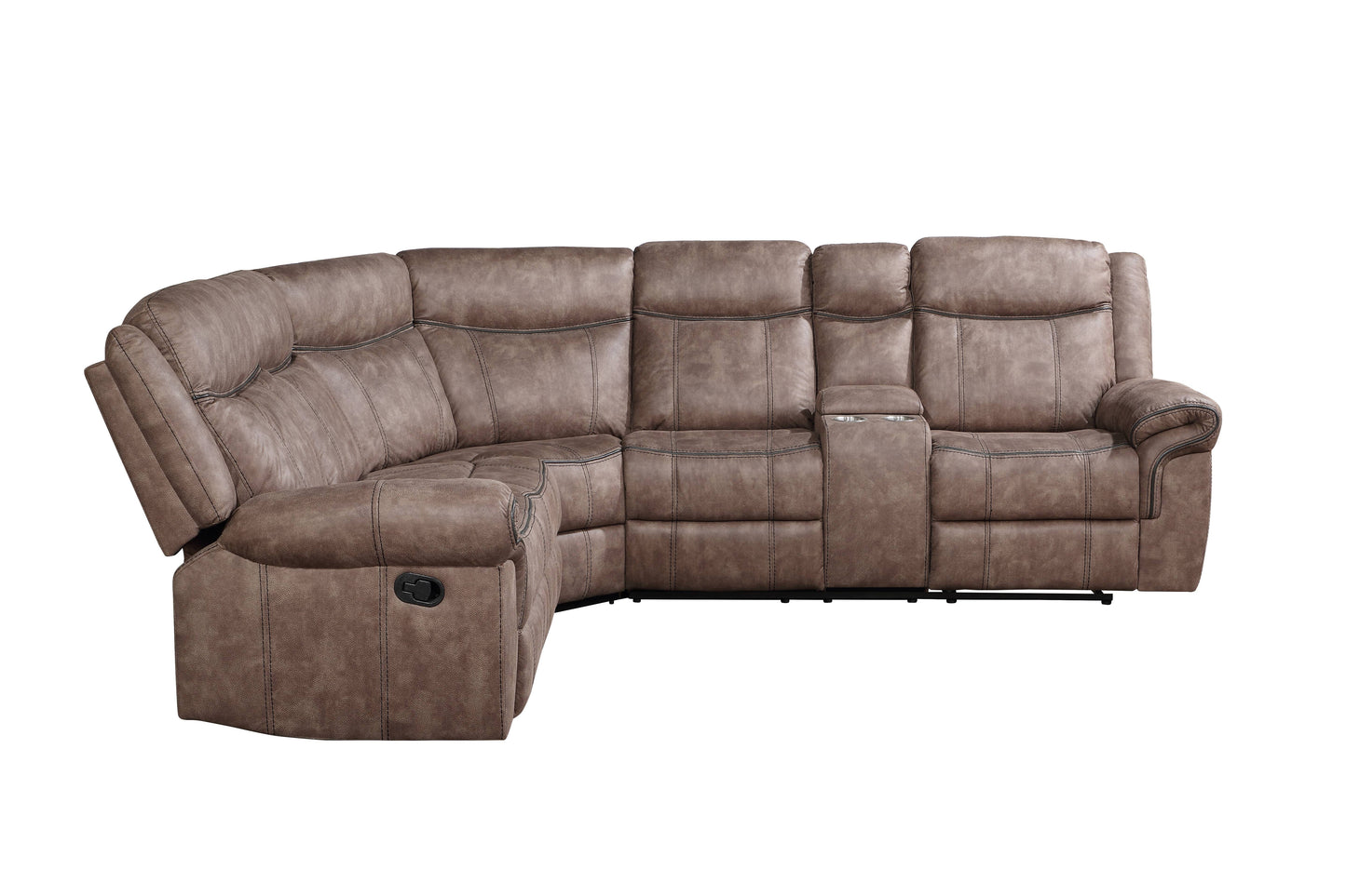 Brown leather sectional reclining sofa with cup holder perfect for living rooms
