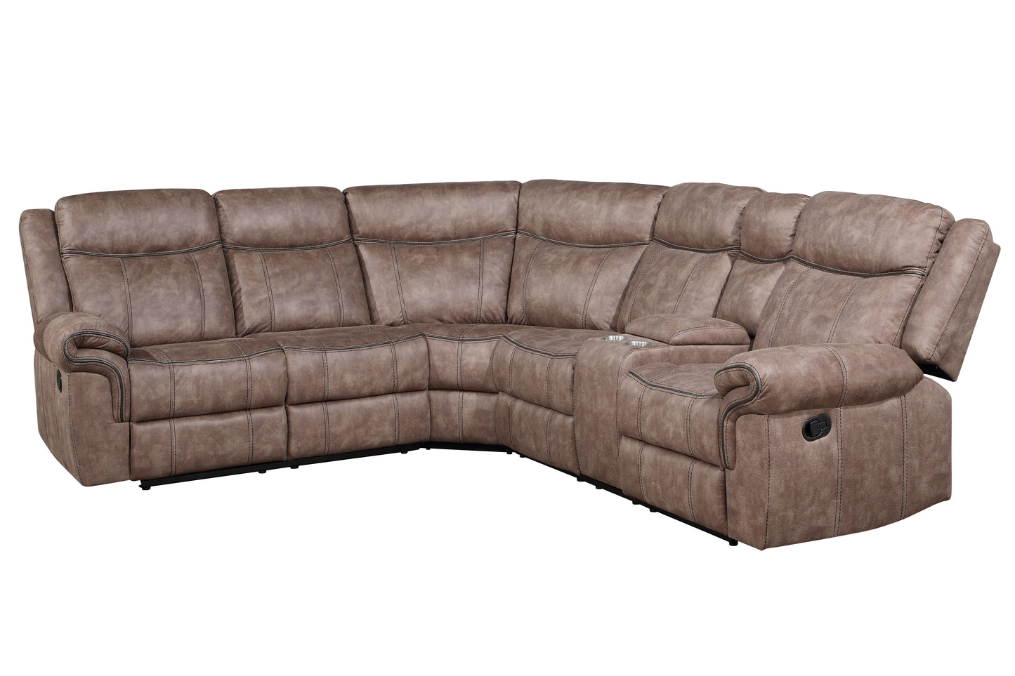Brown leather sectional sofa with reclining seats and a builtin cup holder