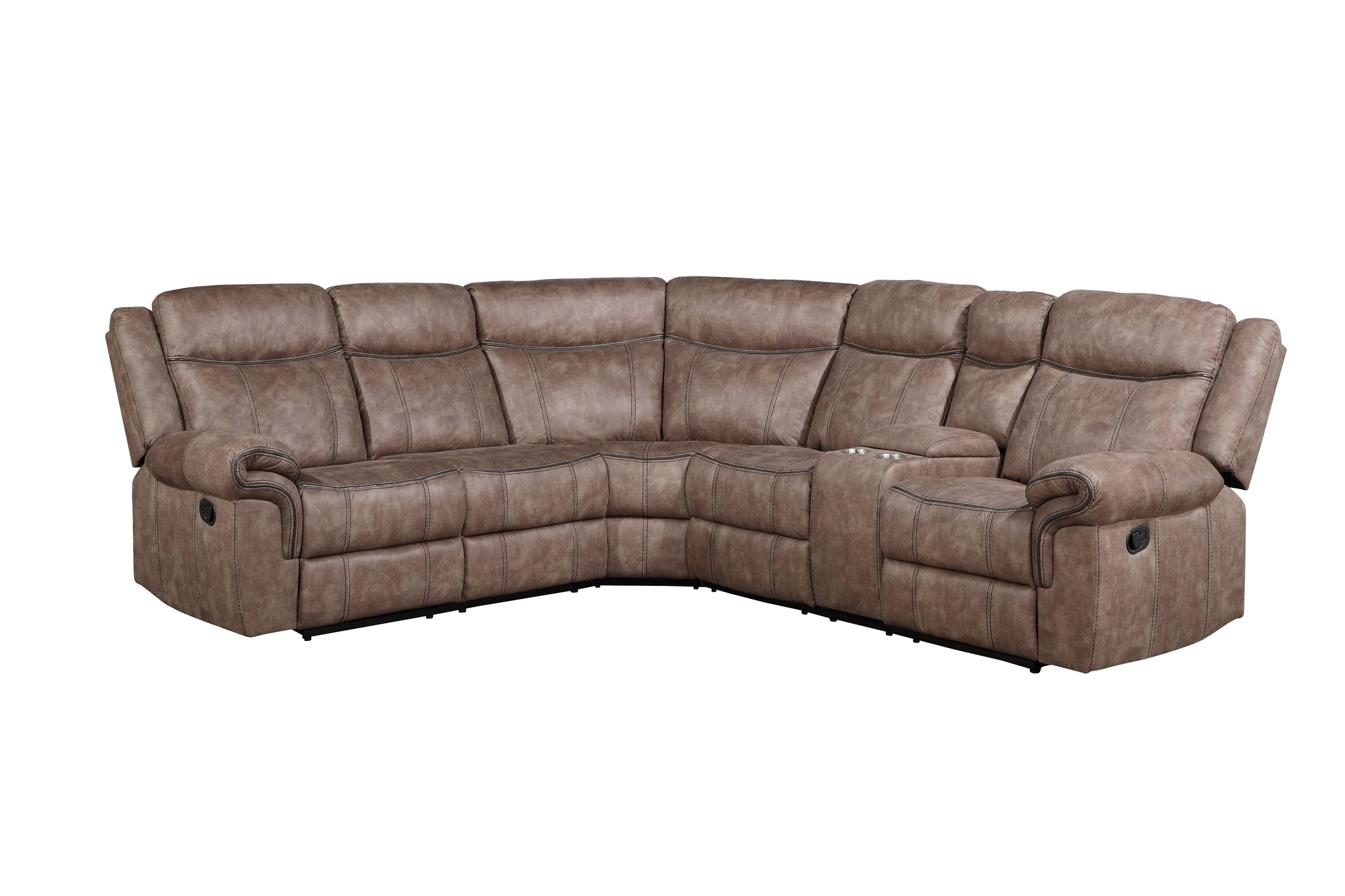 Brown leather sectional recliner sofa with stitched detailing and cup holders