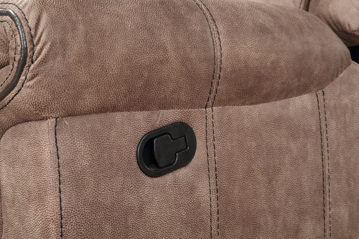Brown faux leather recliner with black pull lever and detailed stitching