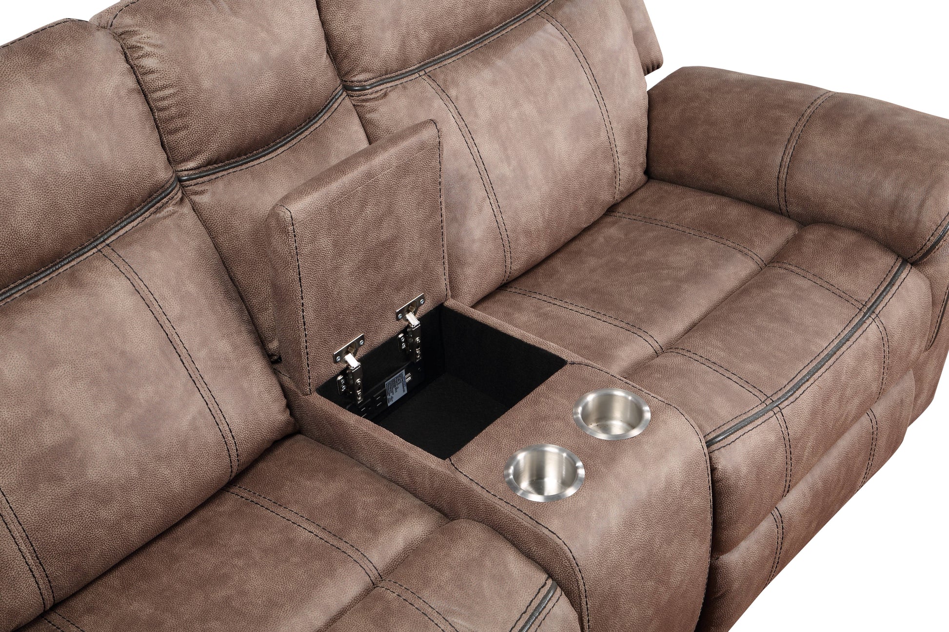 Brown faux leather recliner sofa with builtin storage console and cup holders