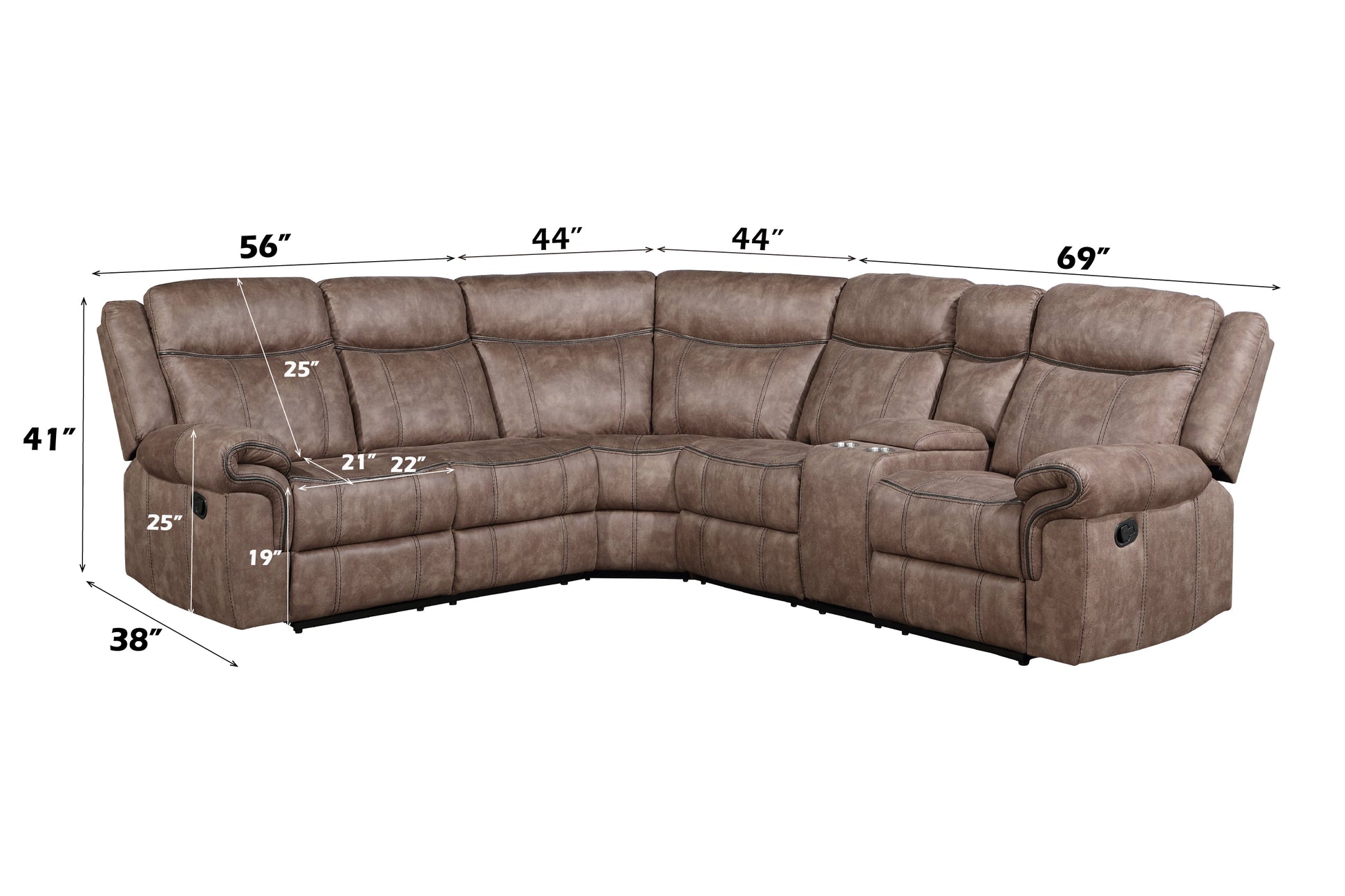 Brown leather sectional recliner sofa with cup holder and recliner controls