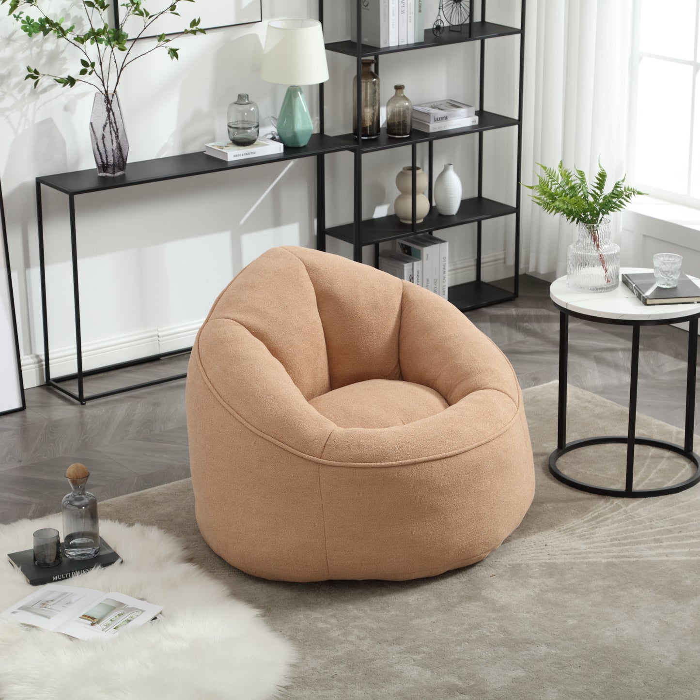 Comfortable tan bean bag chair plush fabric modern living room accent