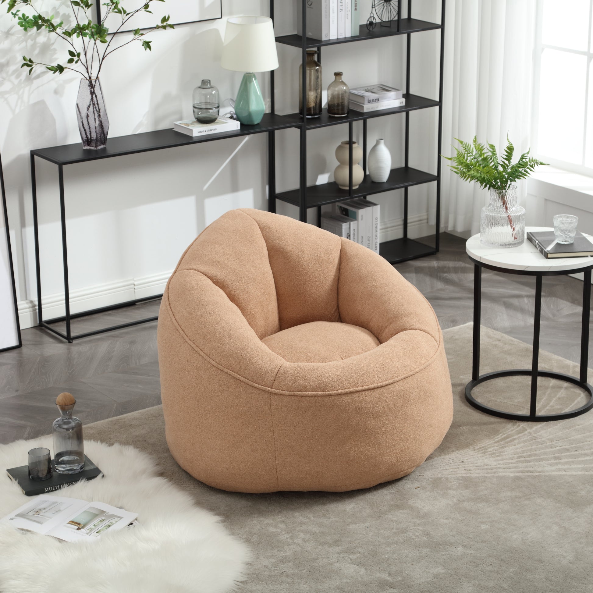 Comfortable tan bean bag chair plush fabric modern living room accent