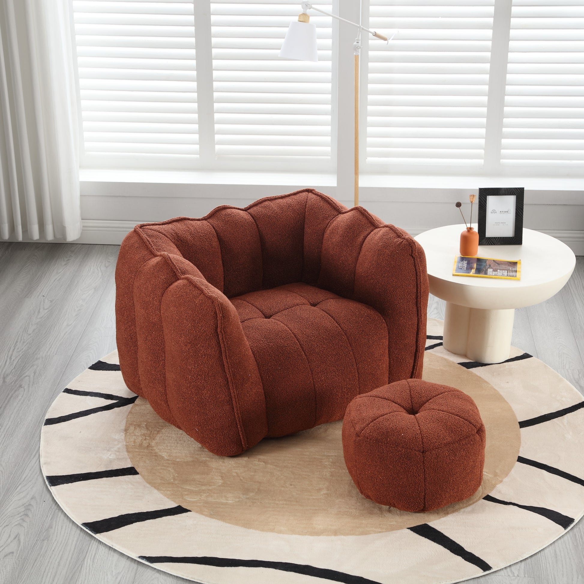 Terracotta boucle accent chair with matching ottoman tufted seating
