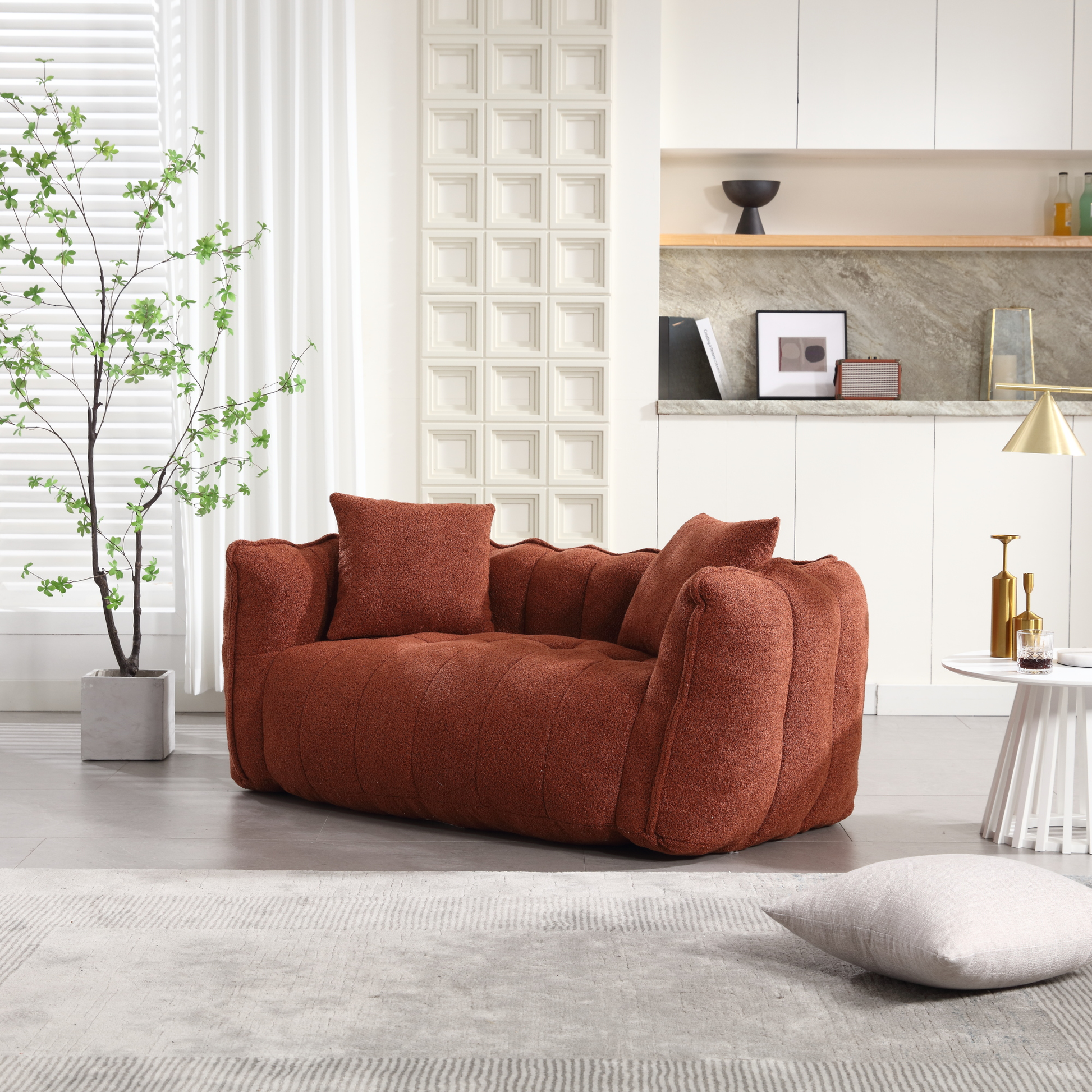 Textured brick orange boucle sofa with plush cushions perfect for a cozy living room