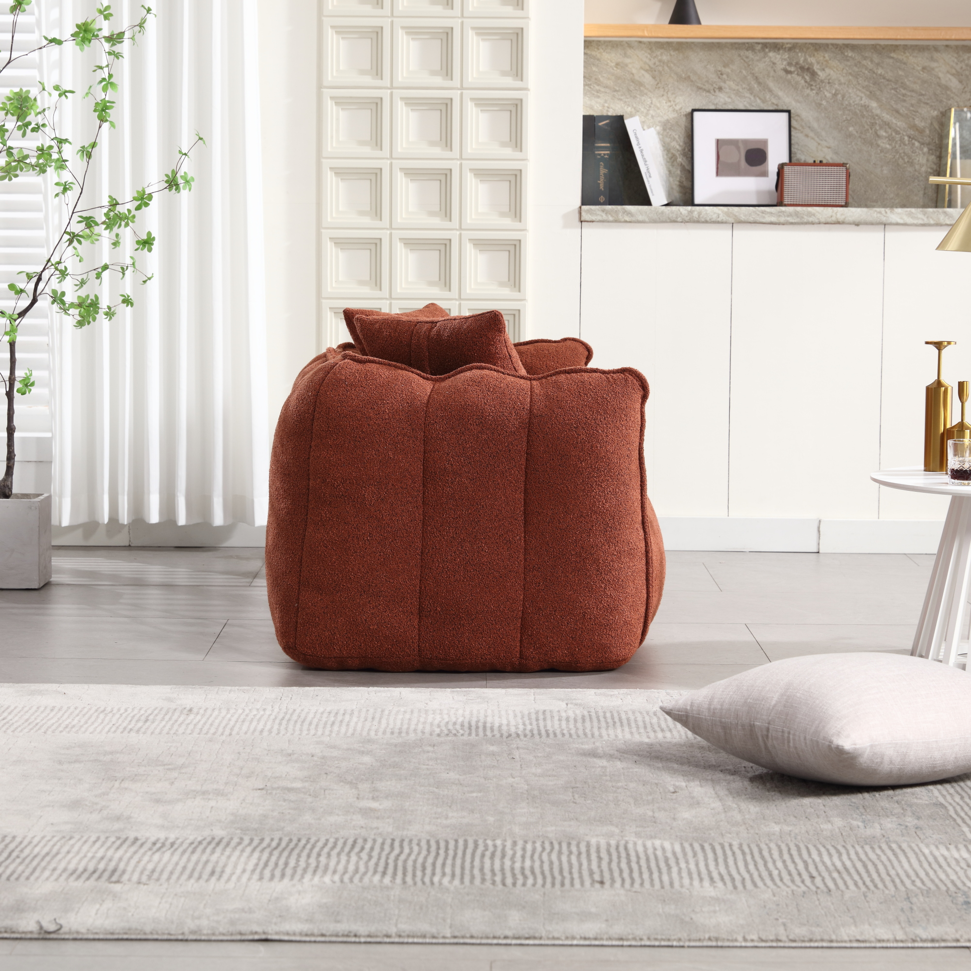 Textured rust boucle accent chair with plush cushions for comfort