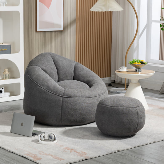 Cozy gray fabric bean bag chair with matching ottoman perfect for lounging