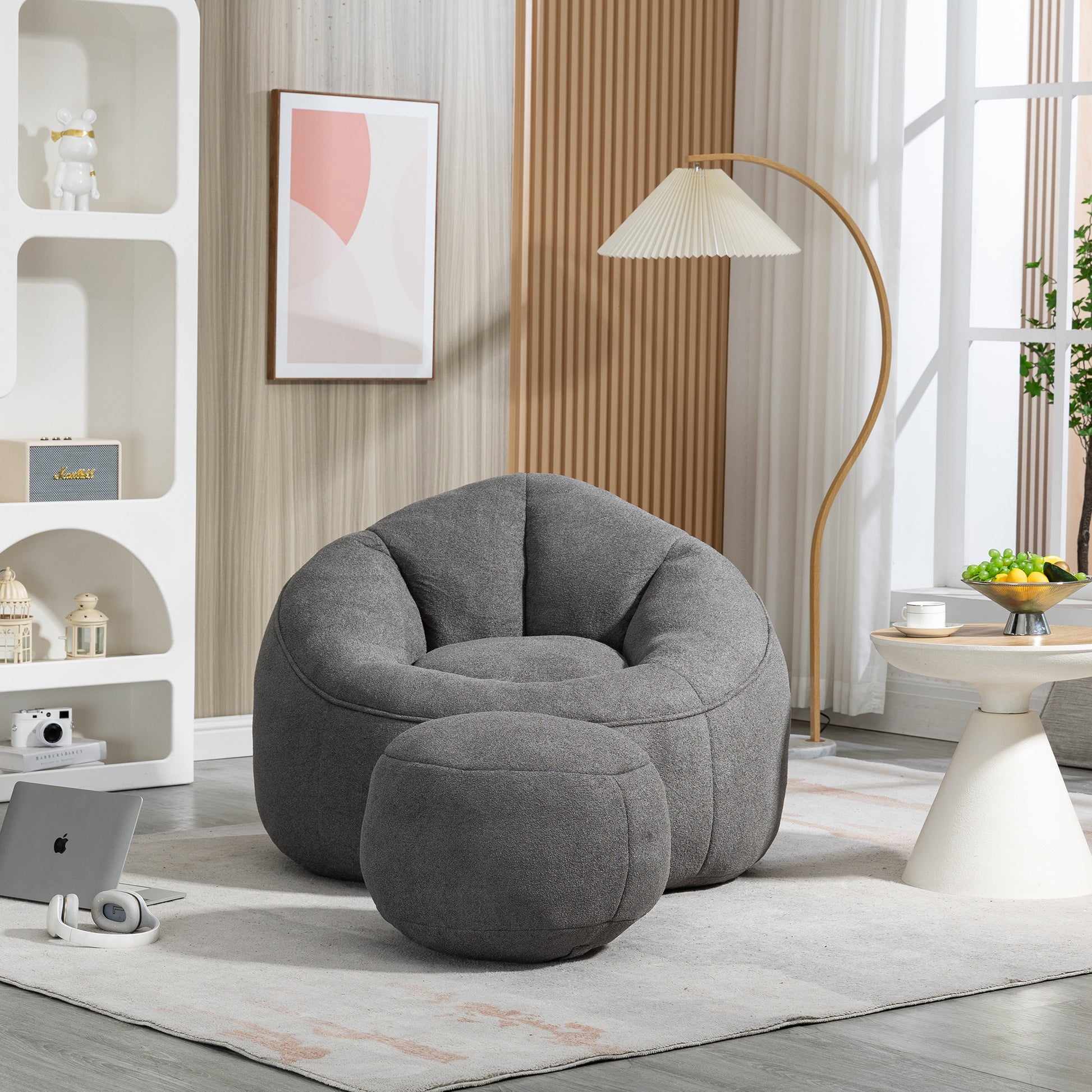 Plush grey bean bag chair with matching ottoman for ultimate comfort