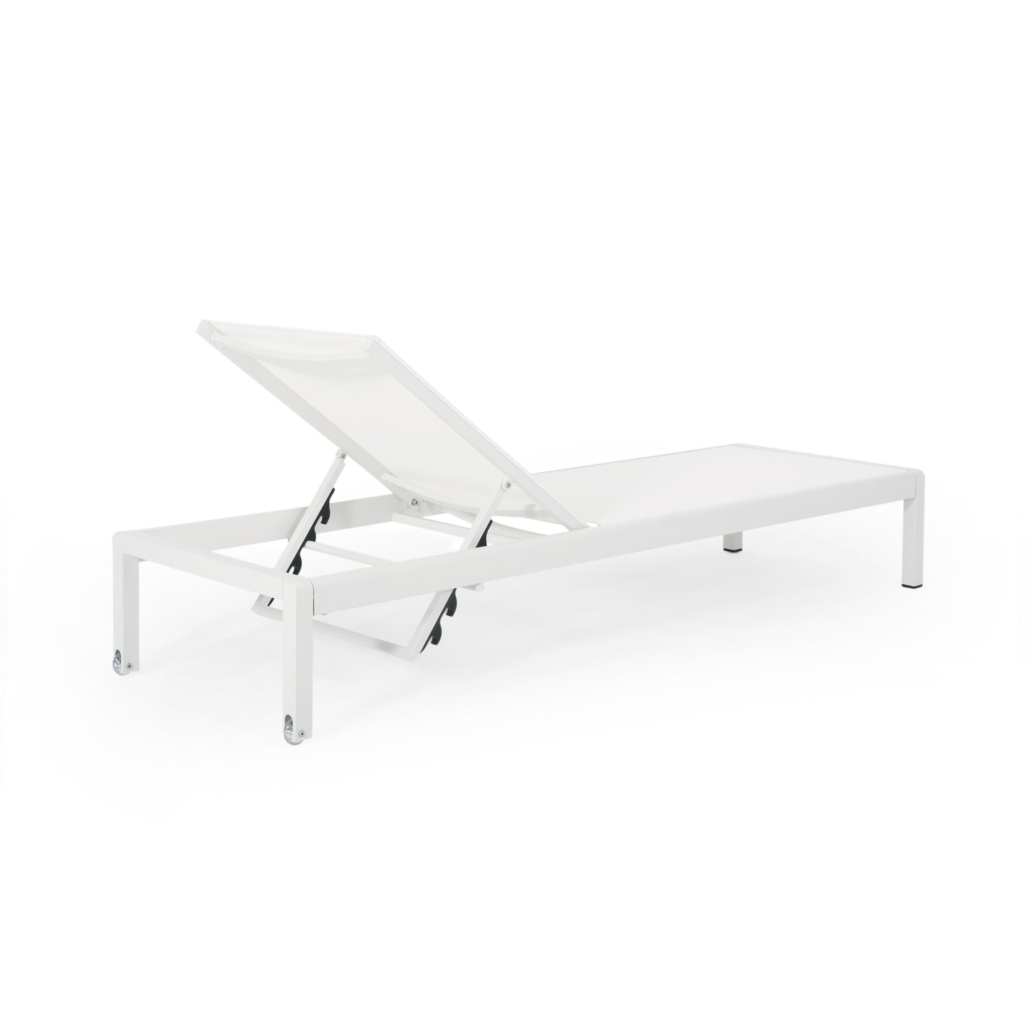 White aluminum outdoor chaise lounge chair with adjustable back and wheels