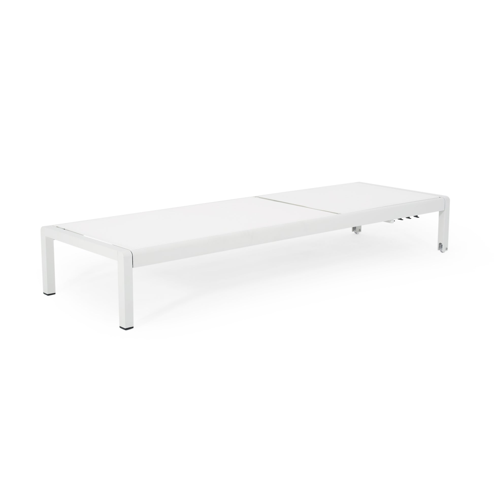 Modern white aluminum chaise lounge with adjustable backrest and wheels for patio relaxation