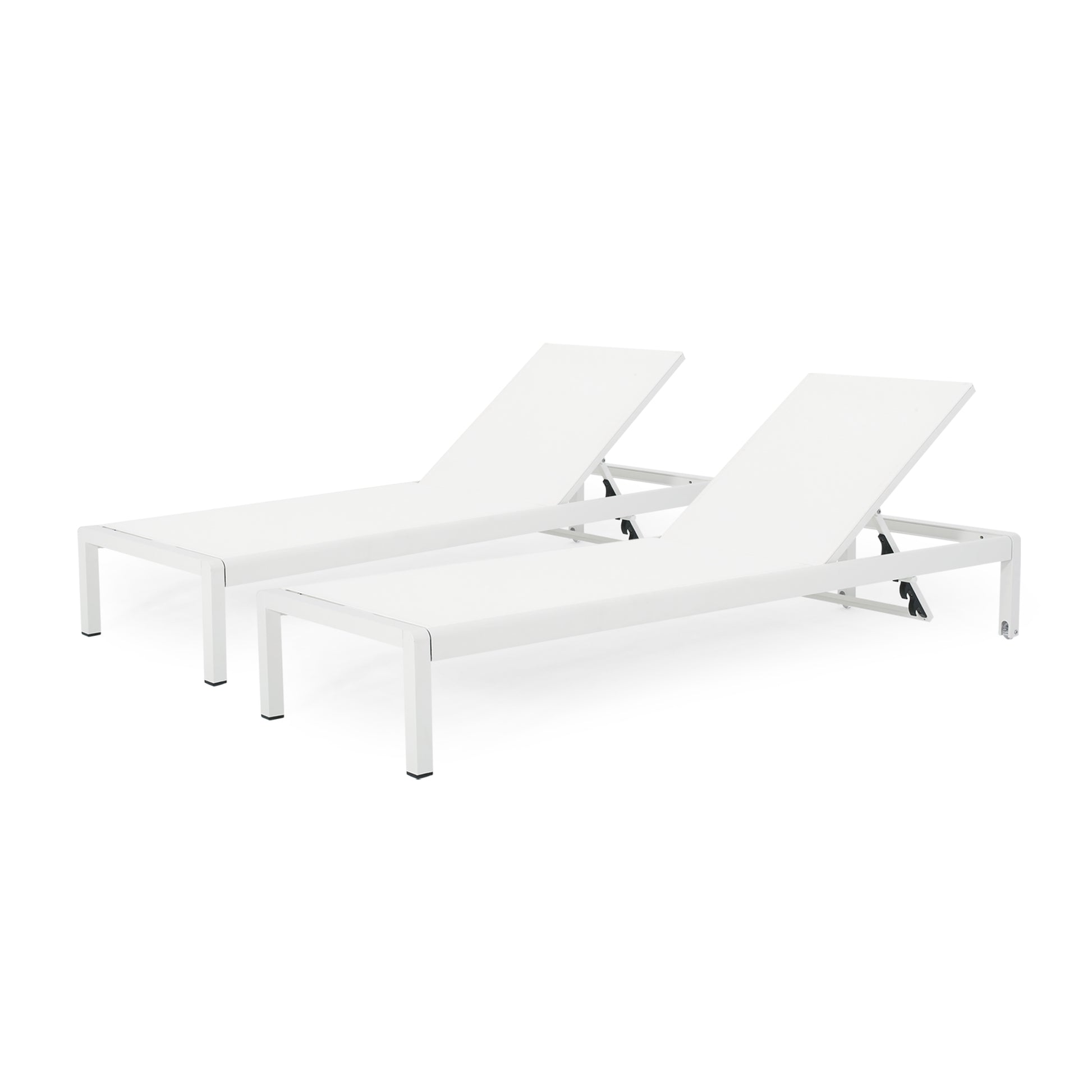 Pair of white aluminum patio chaise lounges with adjustable backs and modern design
