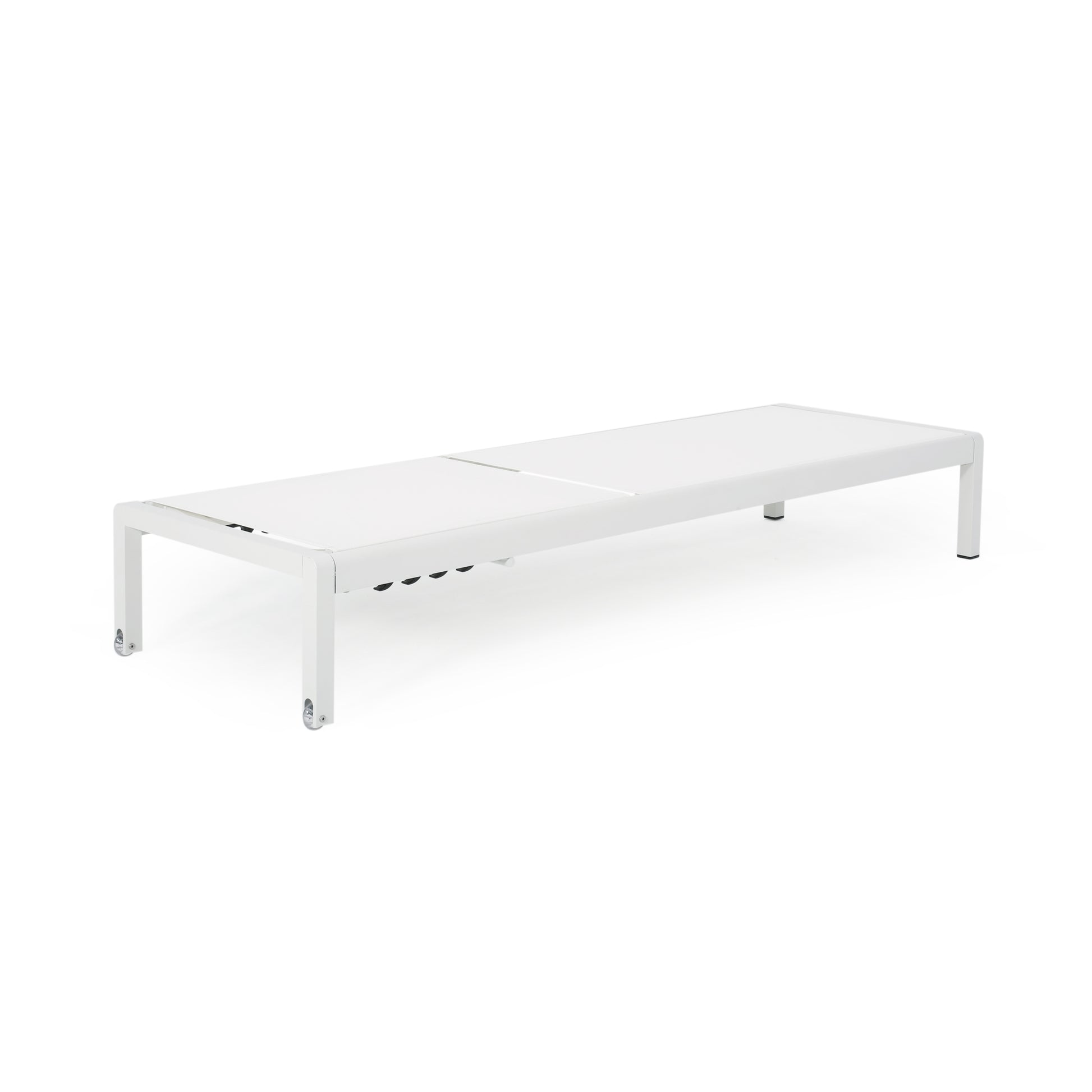 Modern white aluminum outdoor lounge chair with adjustable back and wheels
