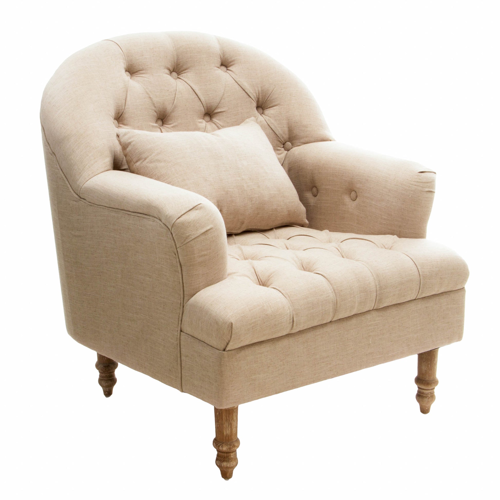 Tufted beige linen armchair with included decorative pillow and wooden legs