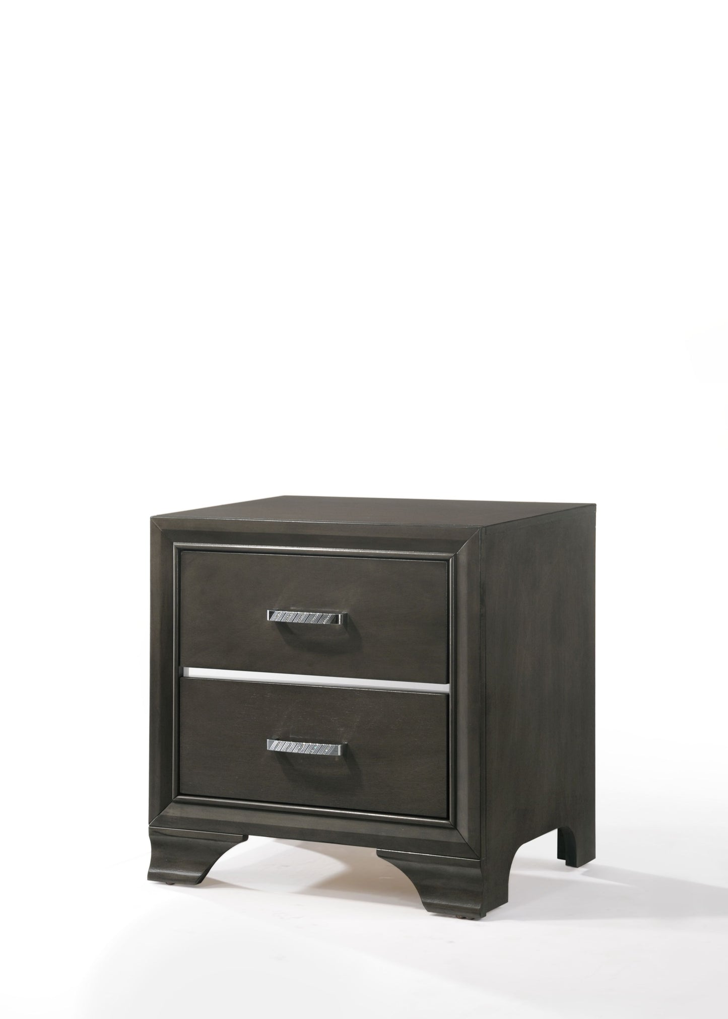 Dark gray modern bedside table with two drawers and silver pull handles