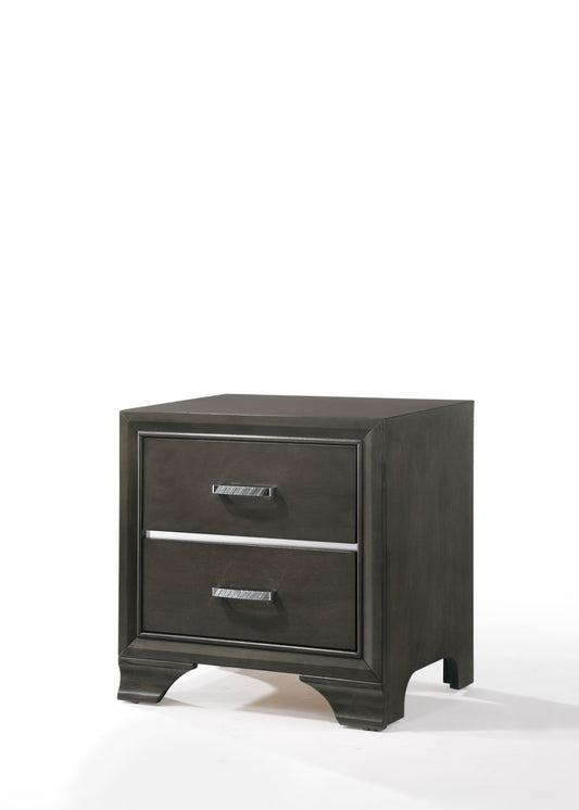 Dark gray modern bedside table with two drawers and silver pull handles