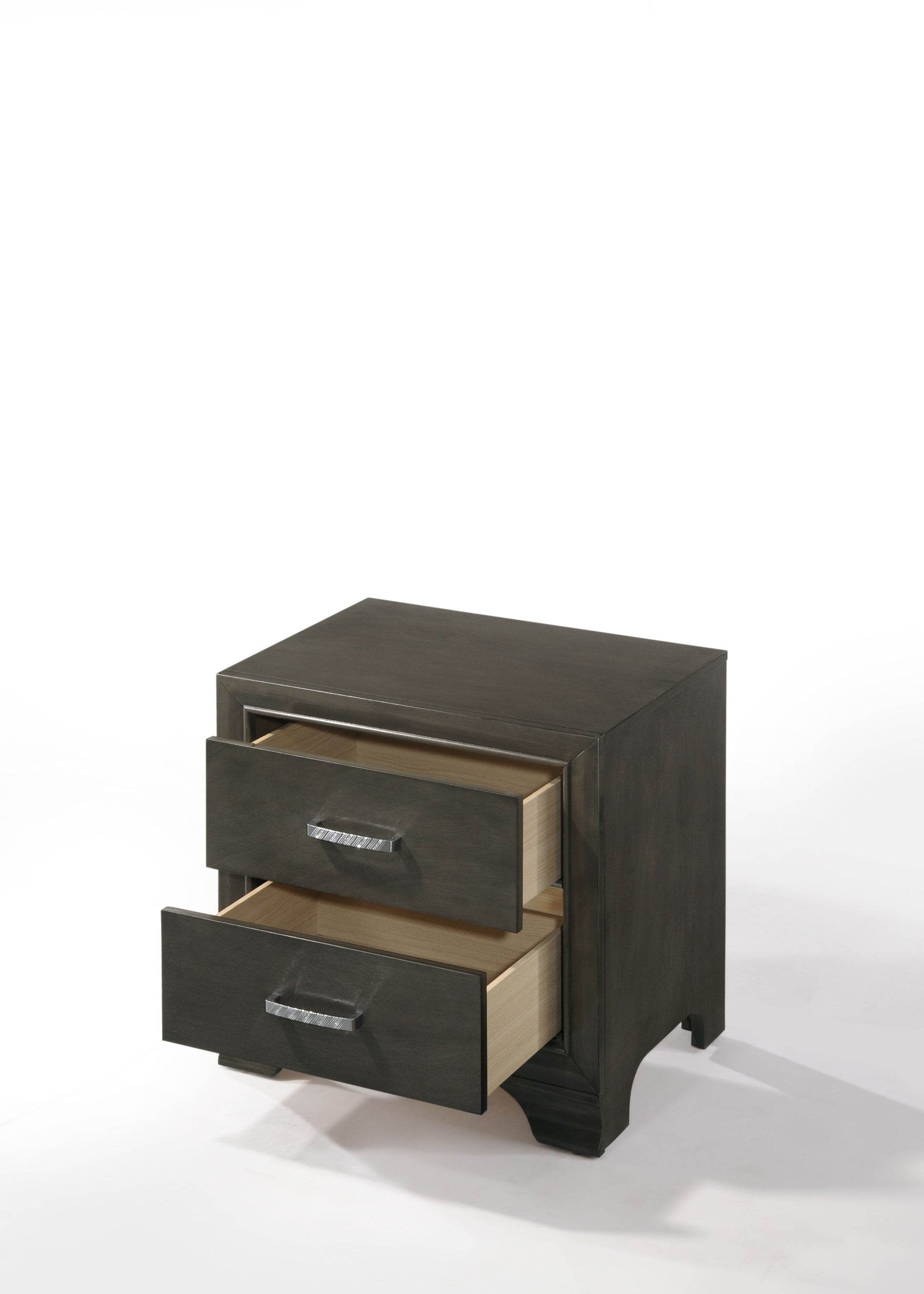 Dark grey wood nightstand with two open drawers and silver pull handles