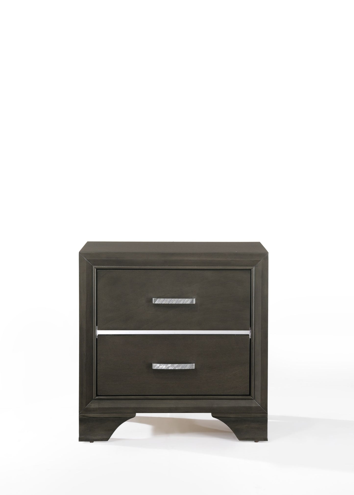 Dark gray wooden nightstand with two drawers and silver hardware modern design