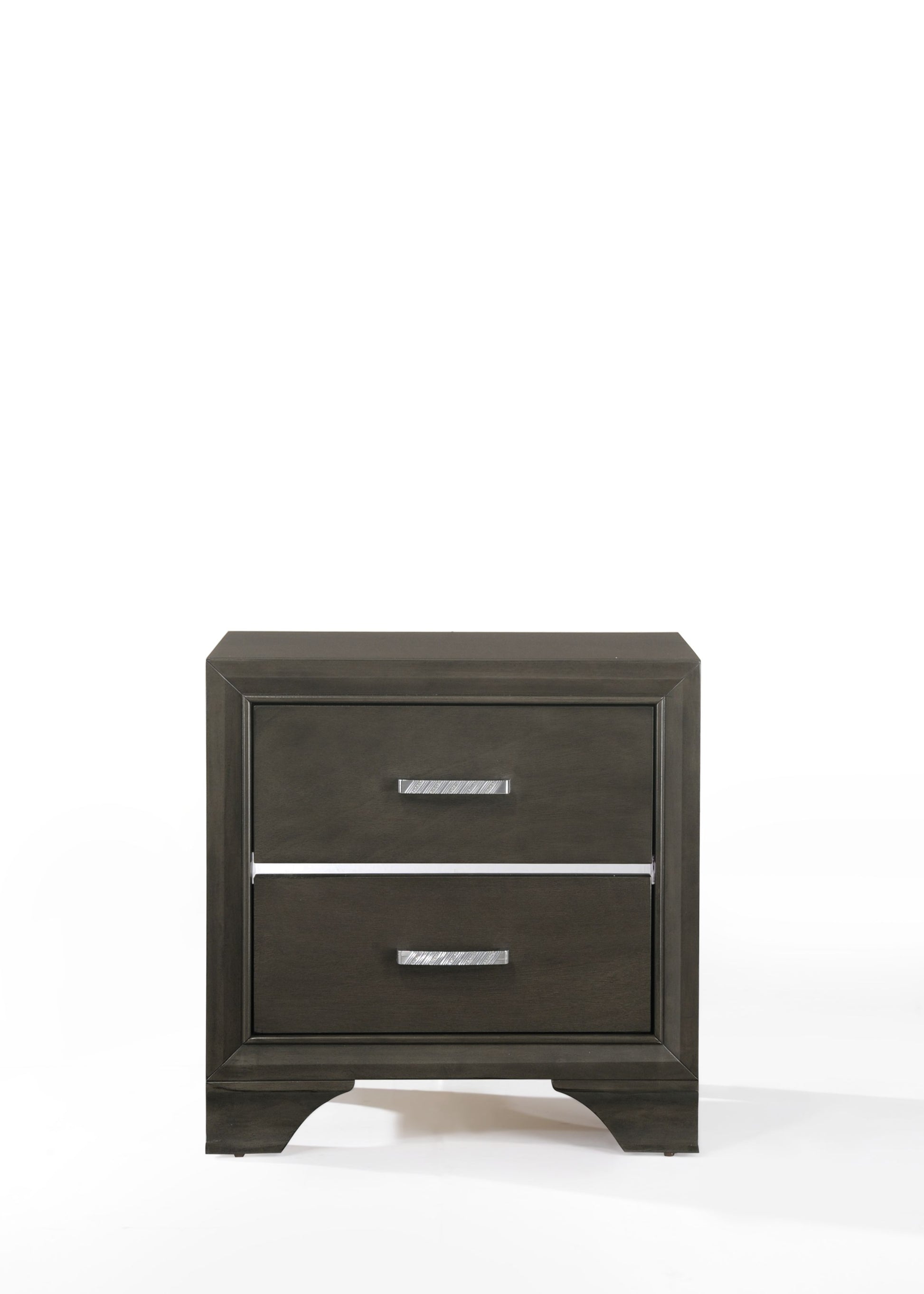 Dark gray wooden nightstand with two drawers and silver hardware modern design