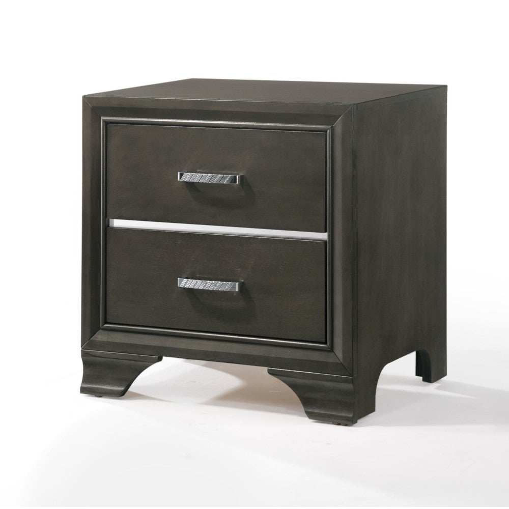Dark grey wooden nightstand with two drawers and textured silver hardware