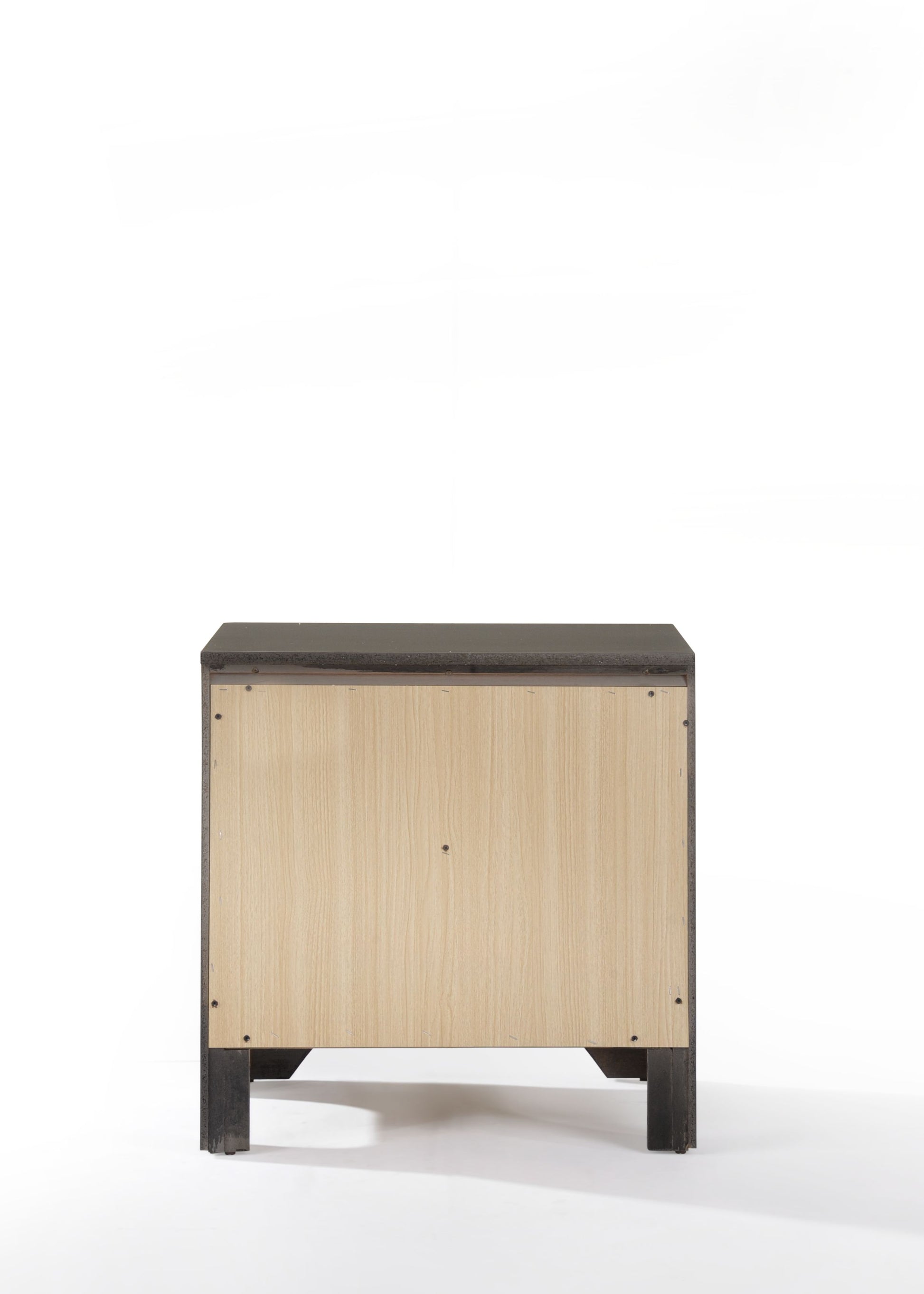 Dark grey wood nightstand with light wood panel back and black metal legs