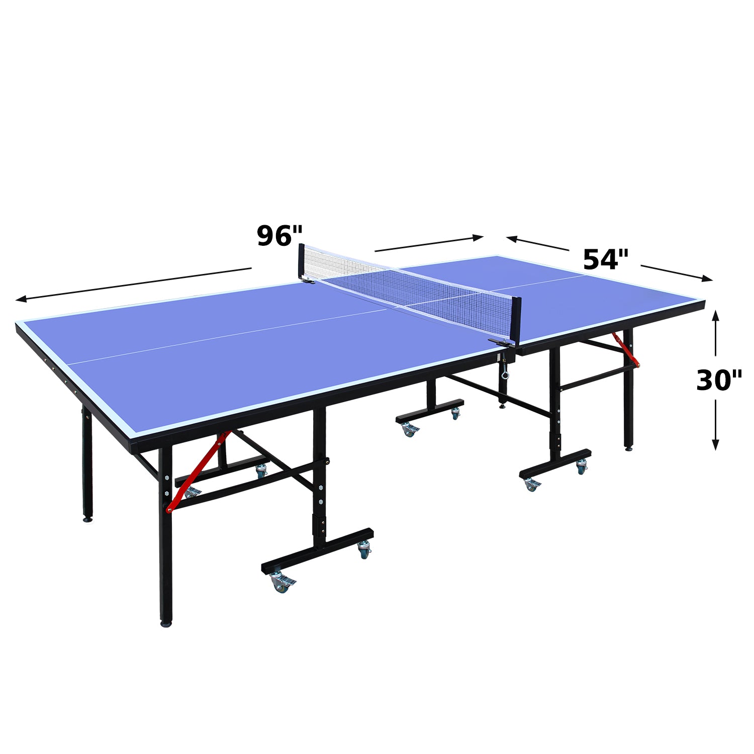 Blue foldable ping pong table with black frame and wheels ideal for home play