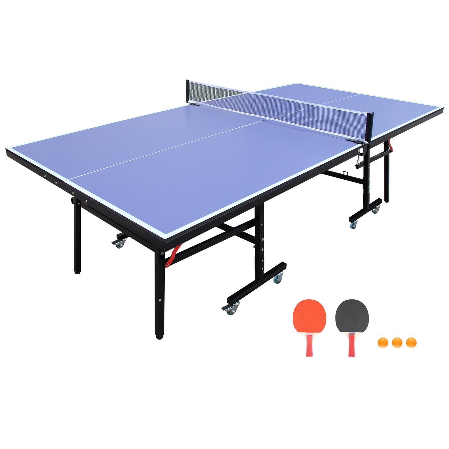 Blue and black foldable ping pong table with net paddles and balls