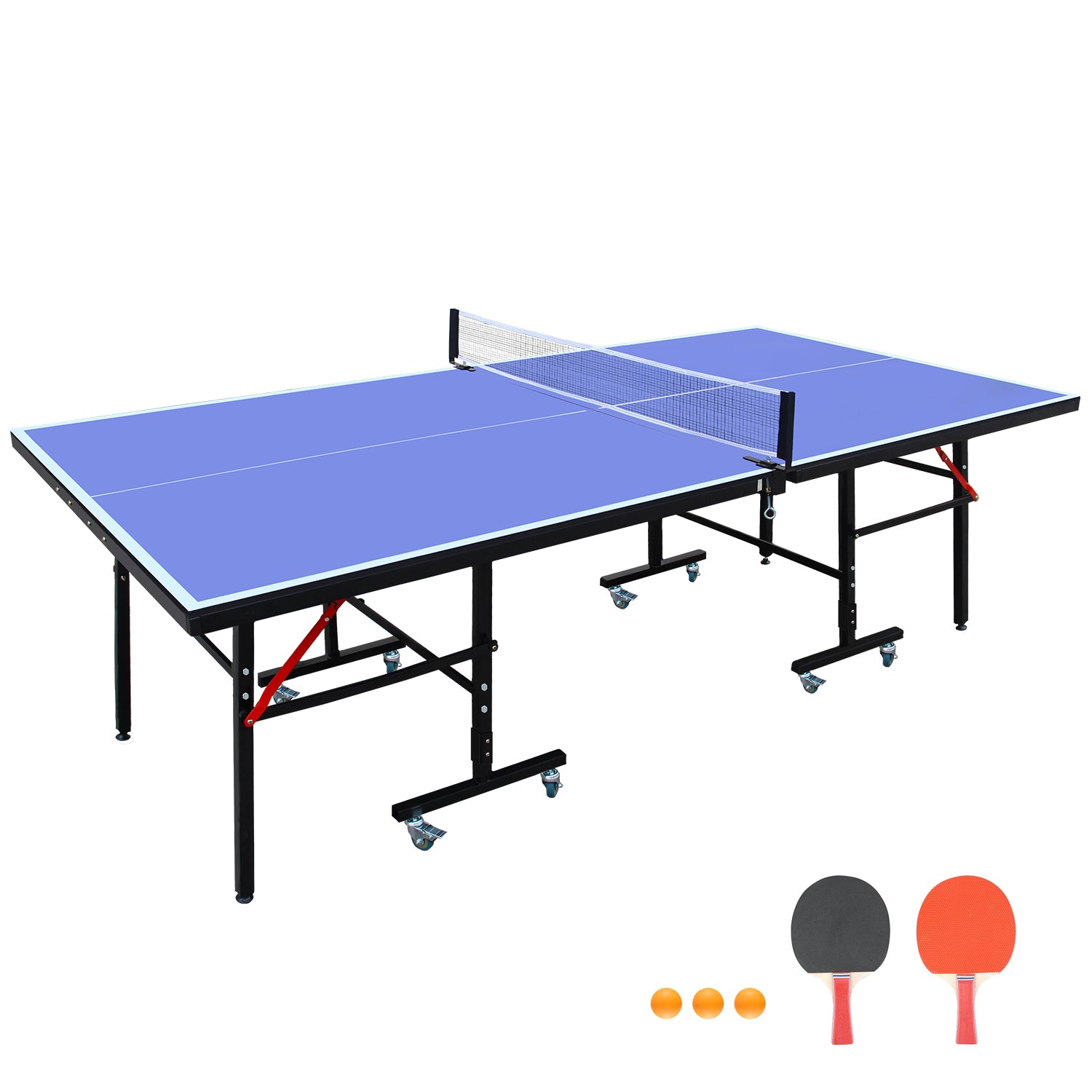 Blue foldable ping pong table with black legs and wheels includes net paddles and balls