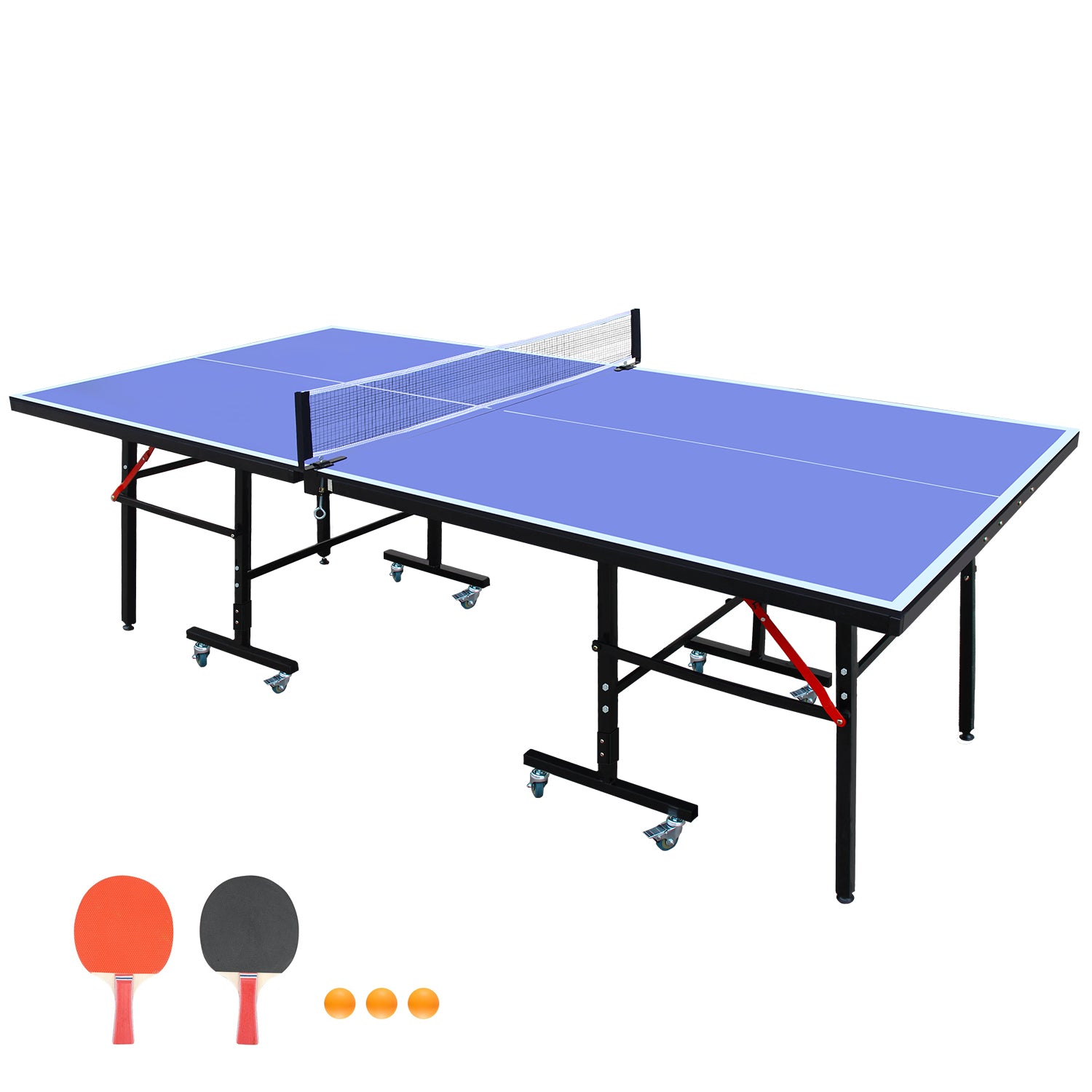 Blue foldable ping pong table with wheels includes two paddles and three balls