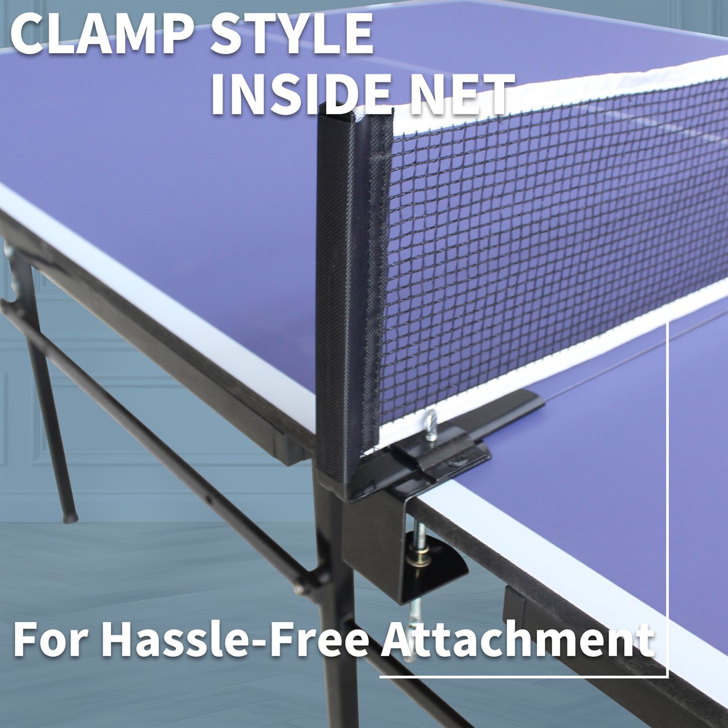 Closeup of a blue ping pong table with a clampstyle net attached securely