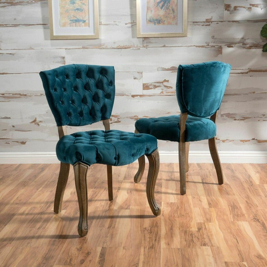 Elegant Teal Tufted Dining Chair Set of 2 with Wooden Legs