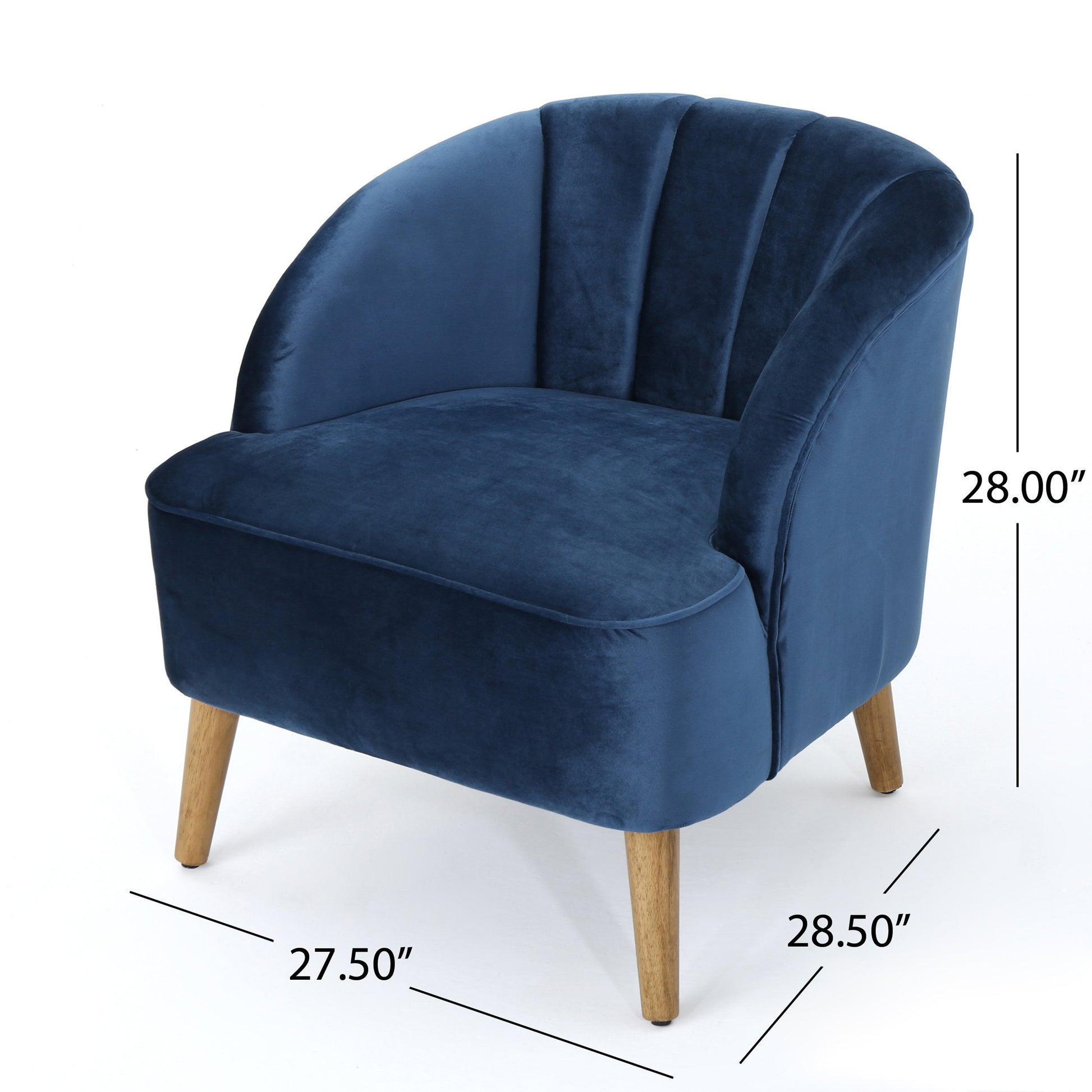 Plush navy velvet accent chair with channeled back and wooden tapered legs