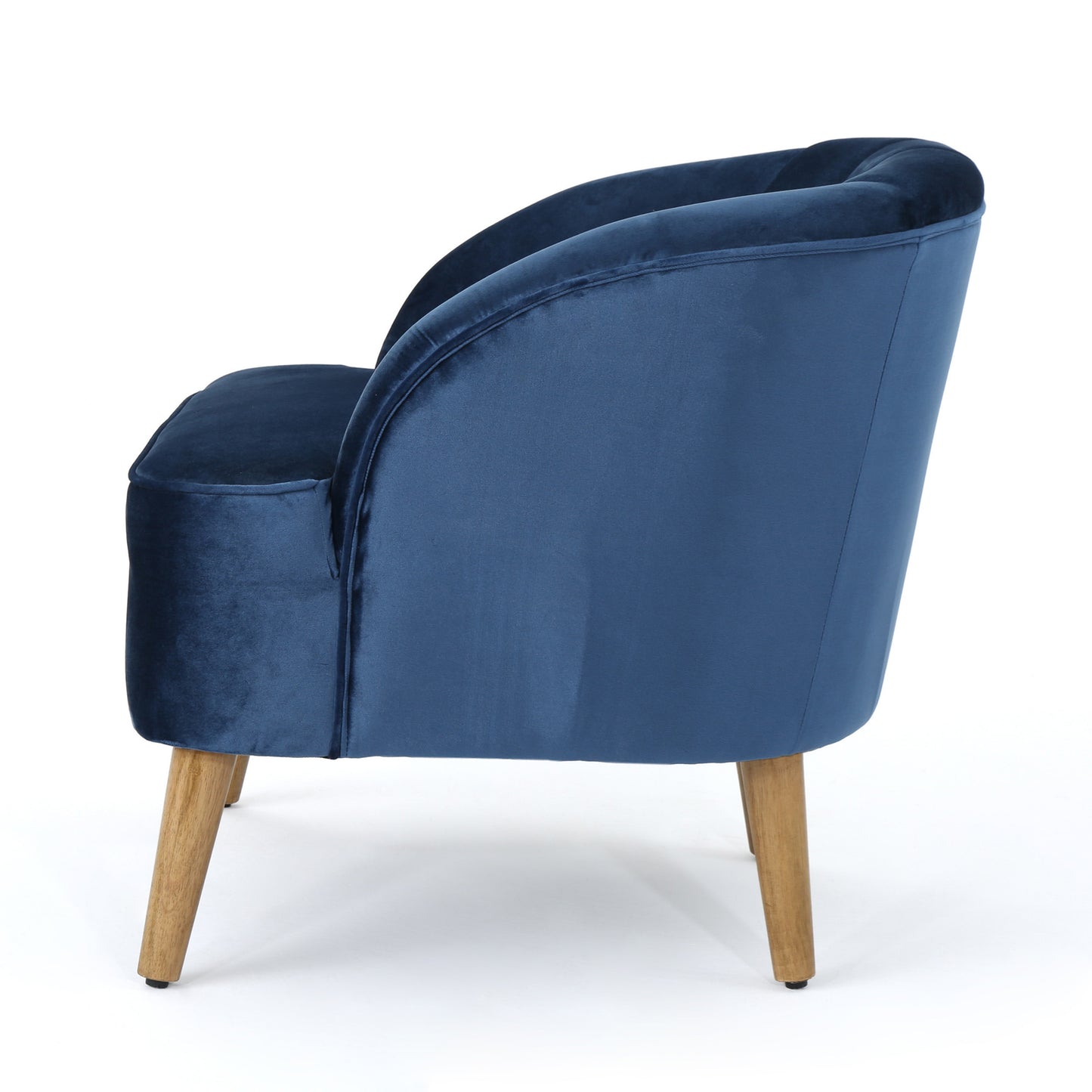Elegant navy velvet accent chair with curved back and wooden legs