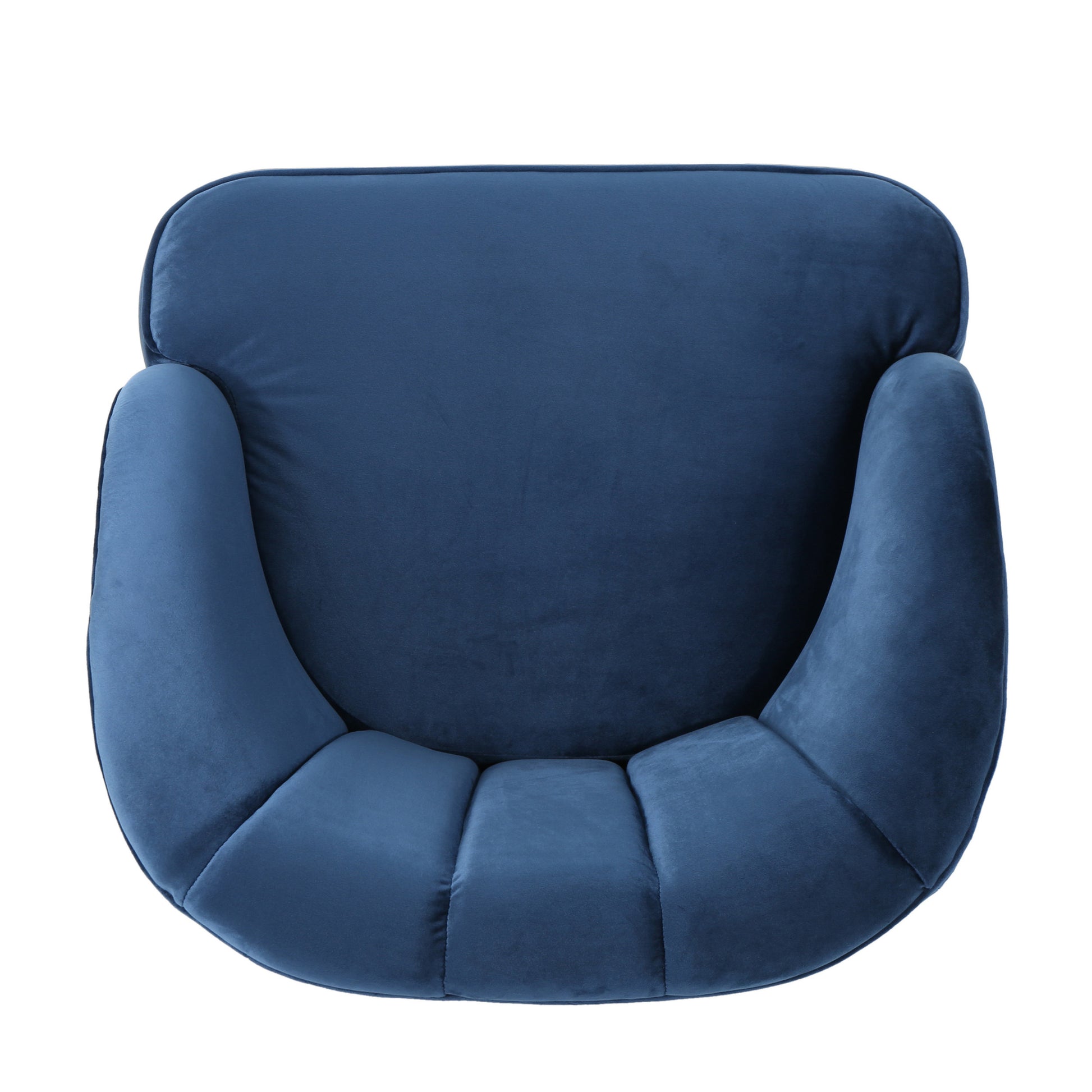 Plush navy velvet armchair with rounded arms and tufted seat cushion