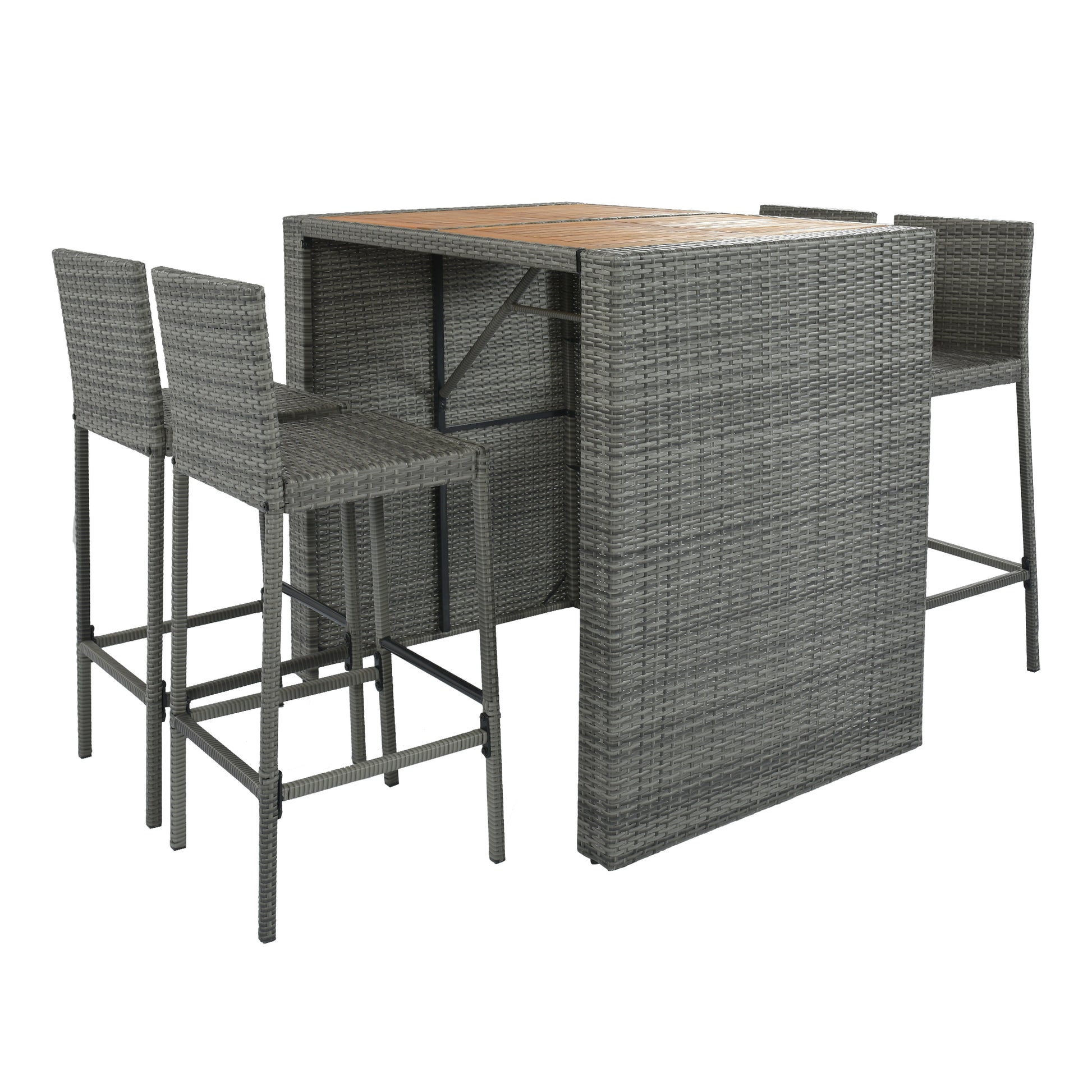 Grey rattan bar set with wooden tabletop and four bar stools for outdoor dining