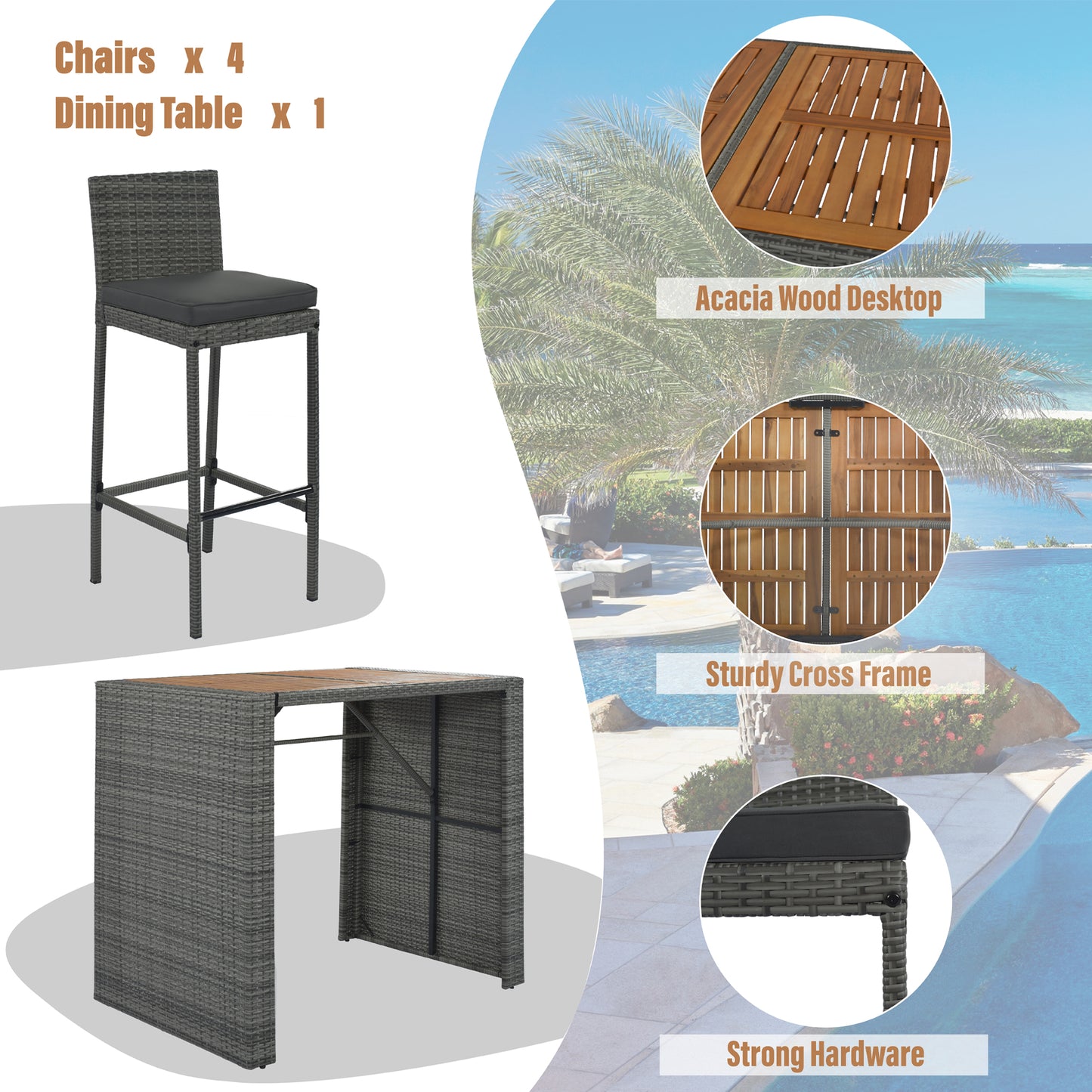 Gray wicker bar stool with dark gray cushion and metal footrest