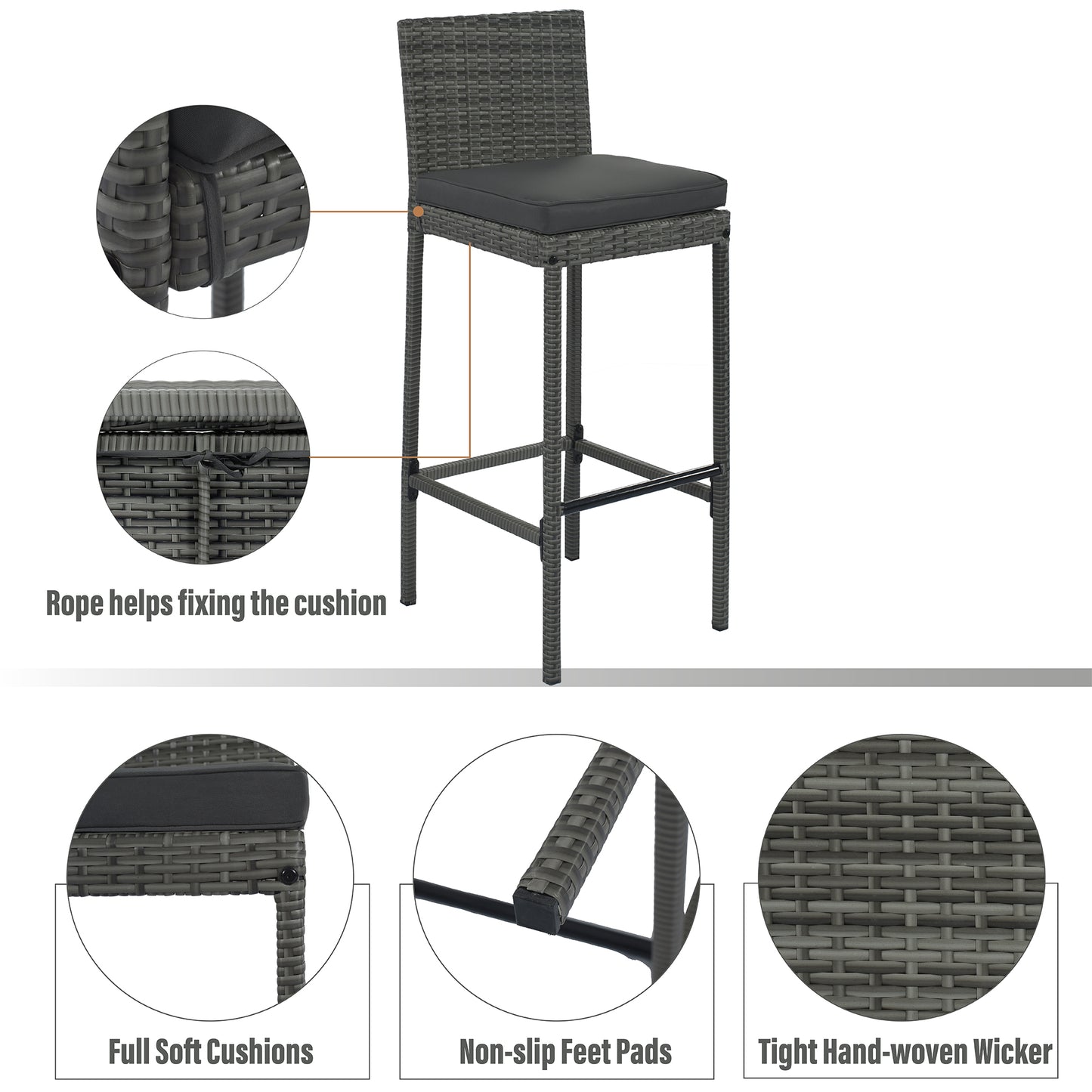 Gray wicker bar stool with soft black cushion and footrest