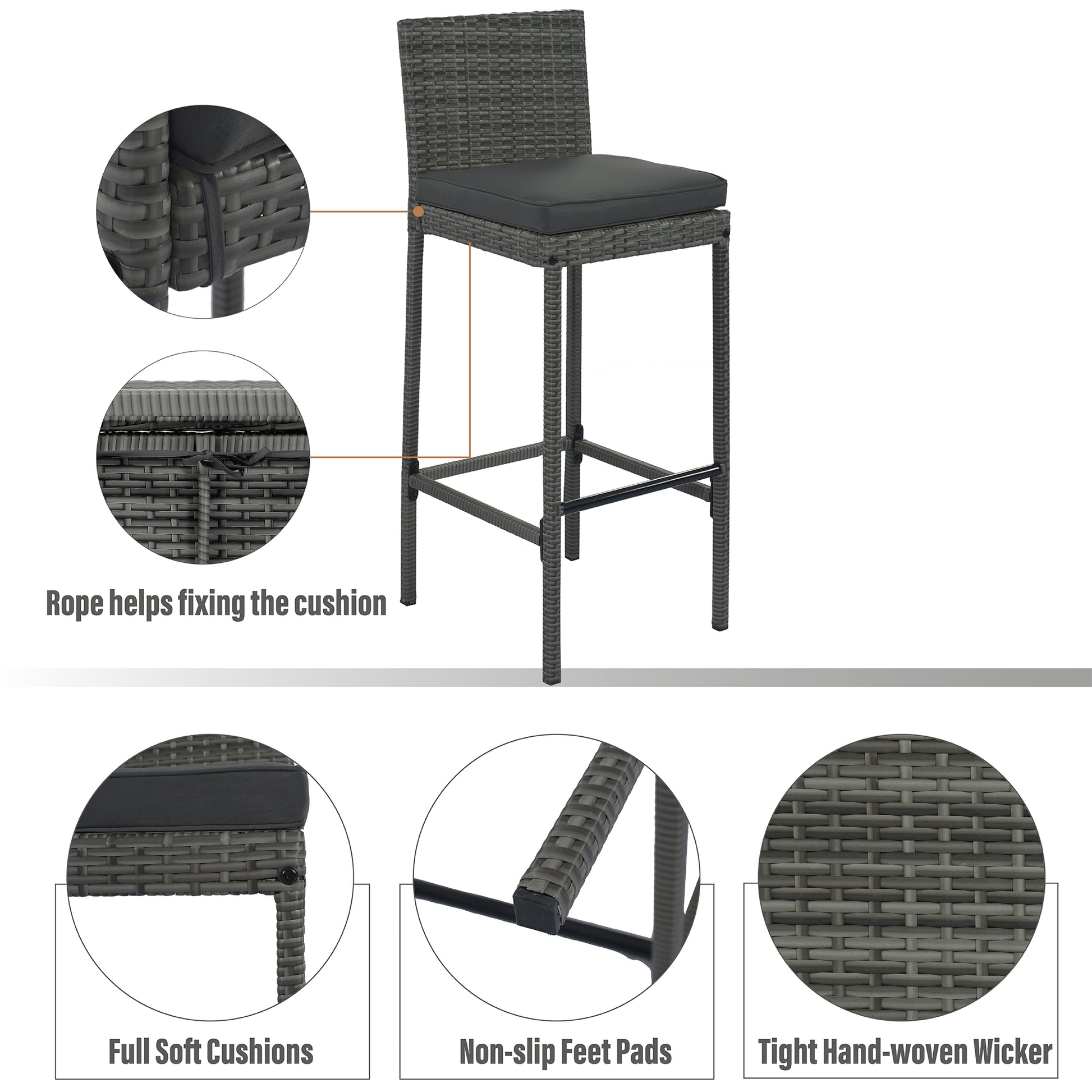 Gray wicker bar stool with soft black cushion and footrest