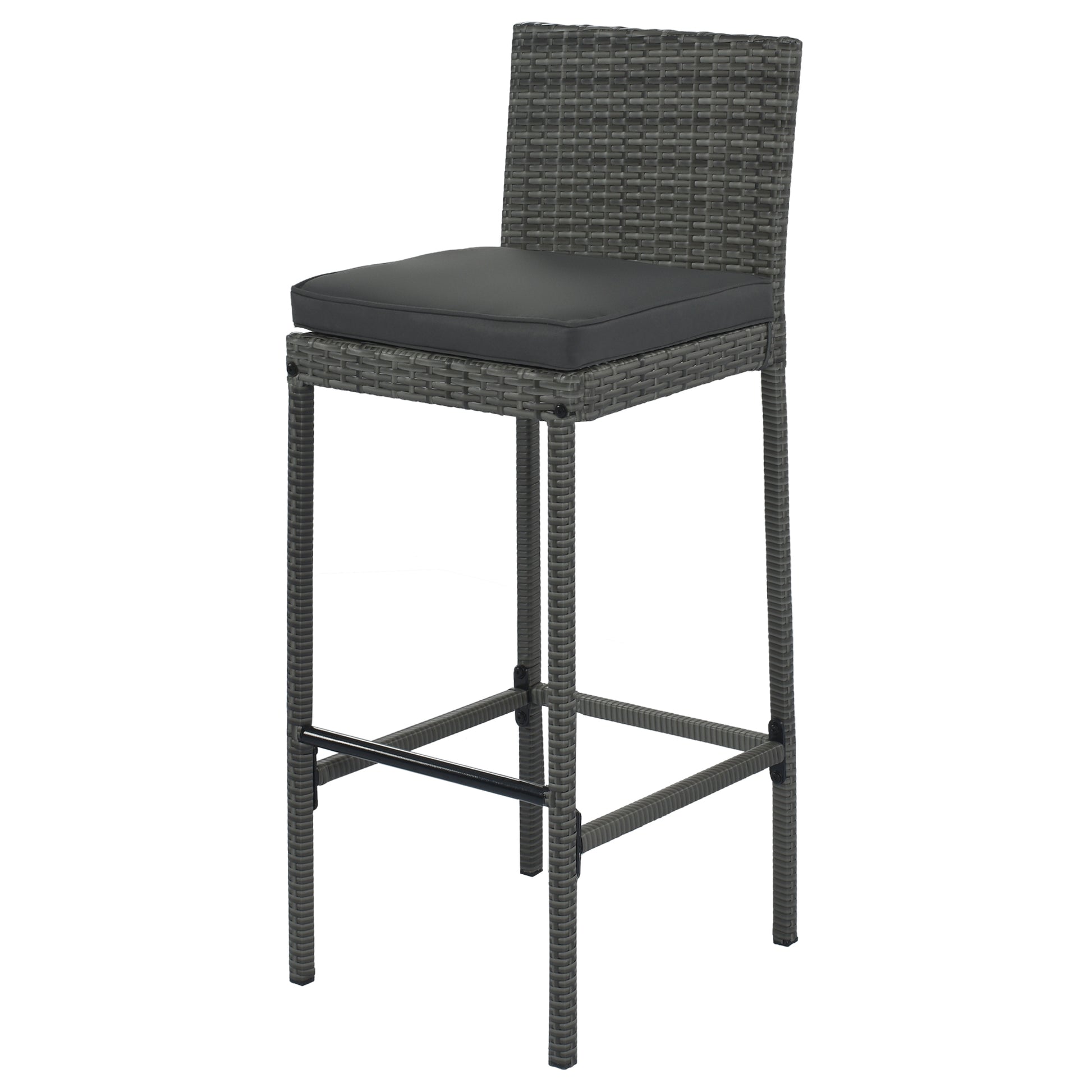 Gray wicker bar stool with charcoal cushion perfect for outdoor seating