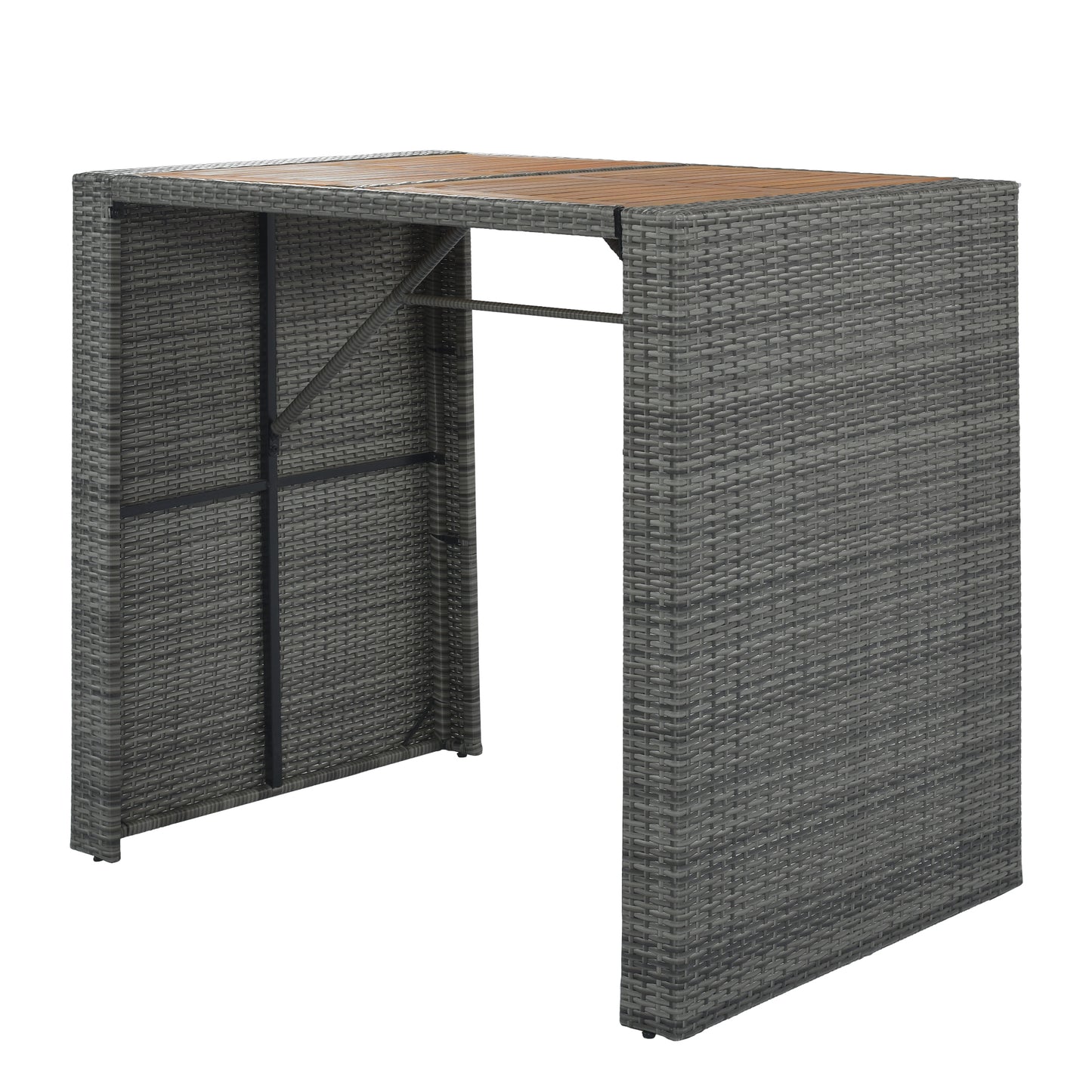 Gray rattan bar table with wooden tabletop ideal for patio dining